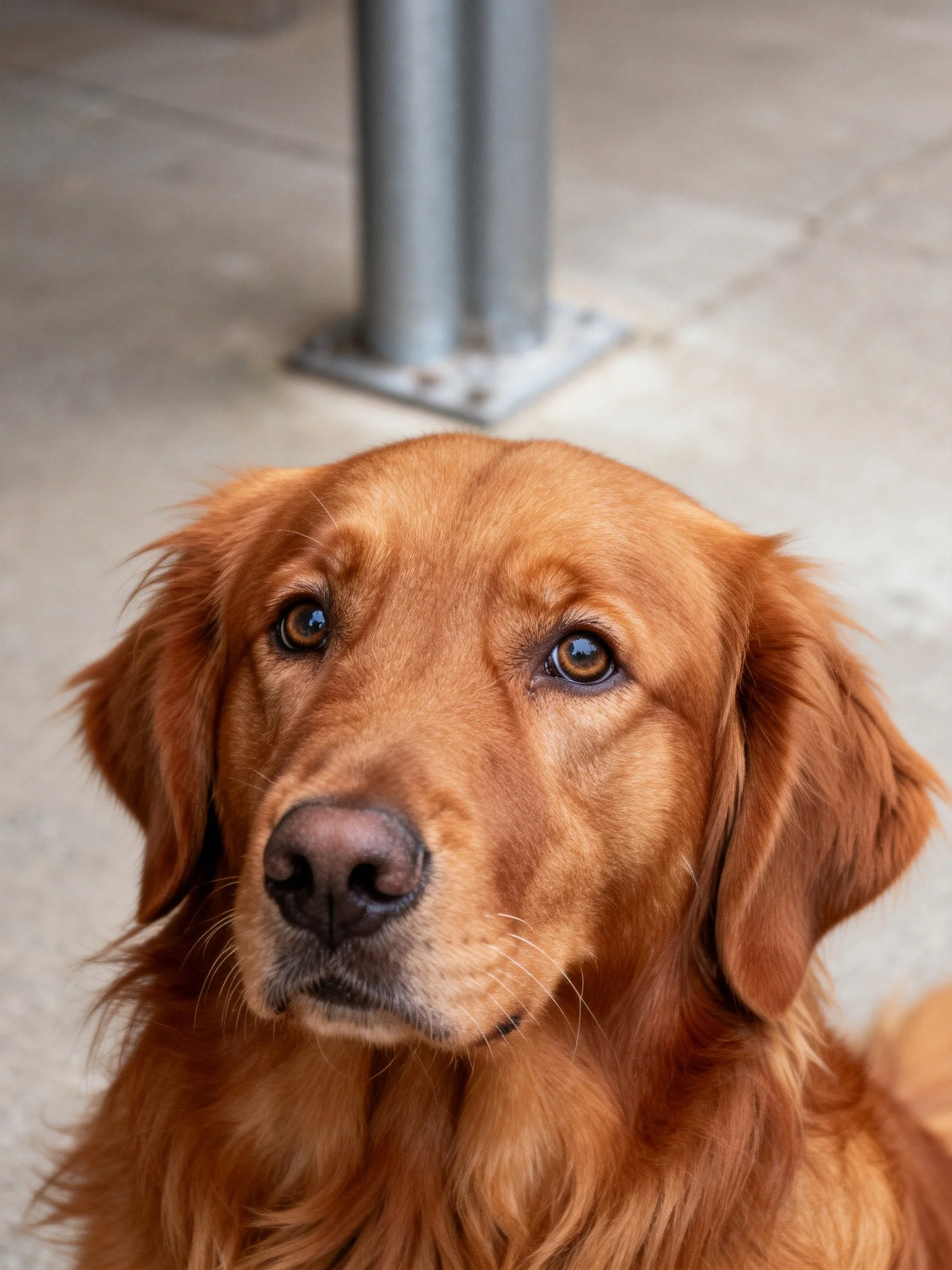 A golden retriever with reddish-brown fur sits near a metal pole on a concrete surface.