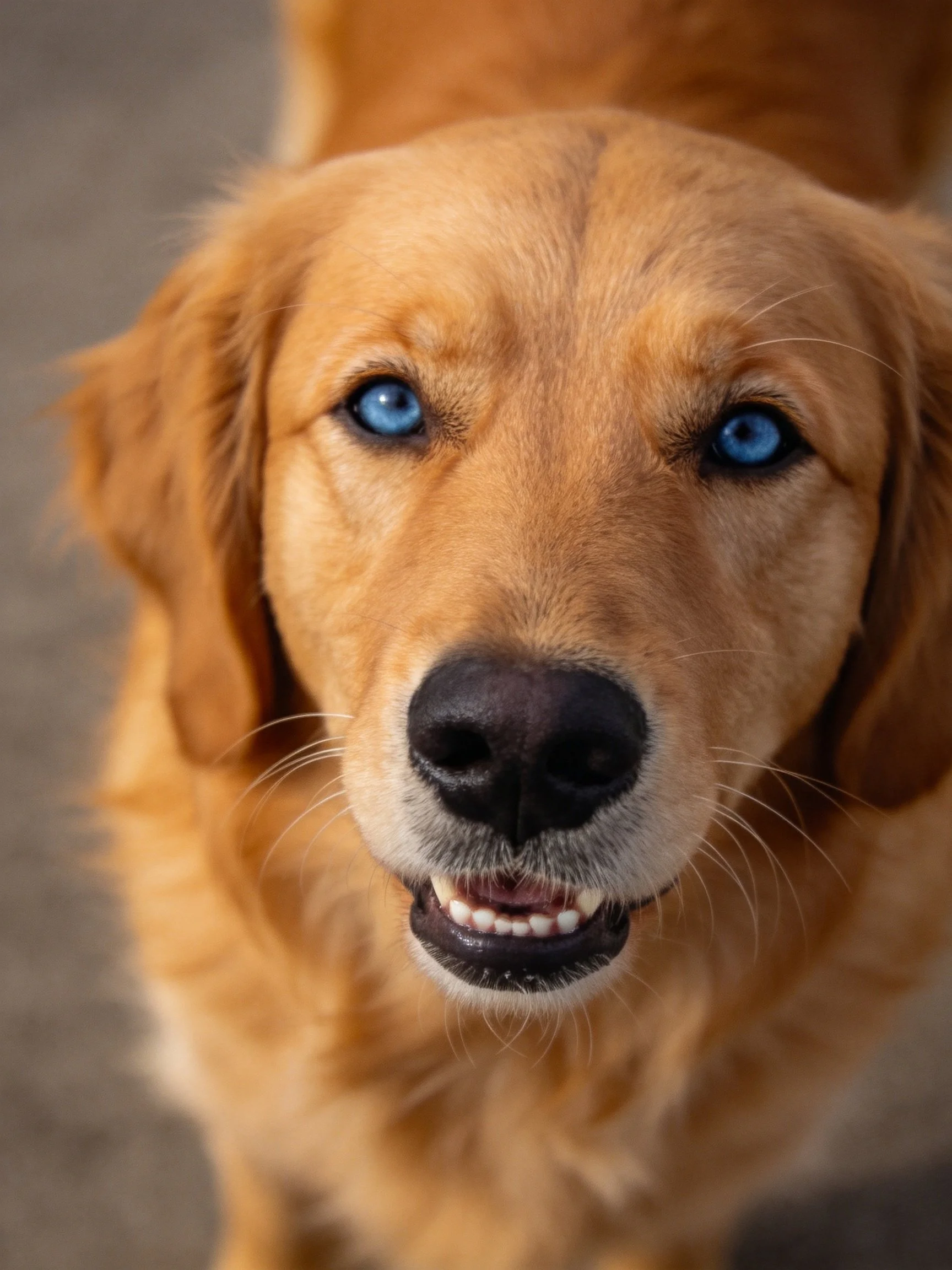 A golden retriever with blue eyes is captured in a close - up photograph.