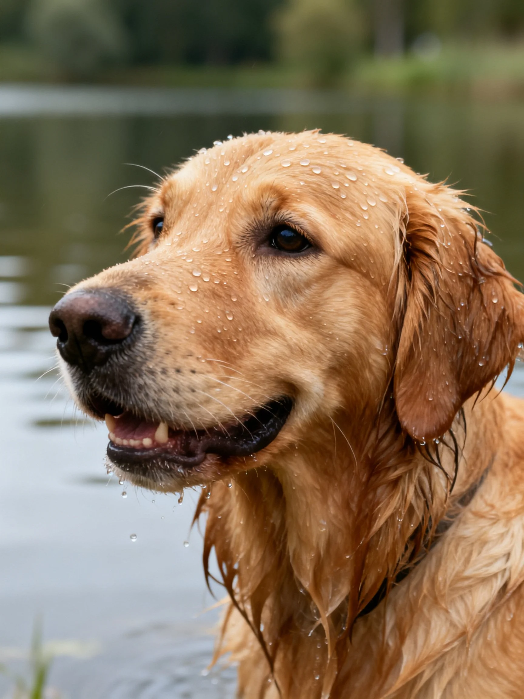 A golden retriever with wet fur and water droplets stands near a calm body of water.