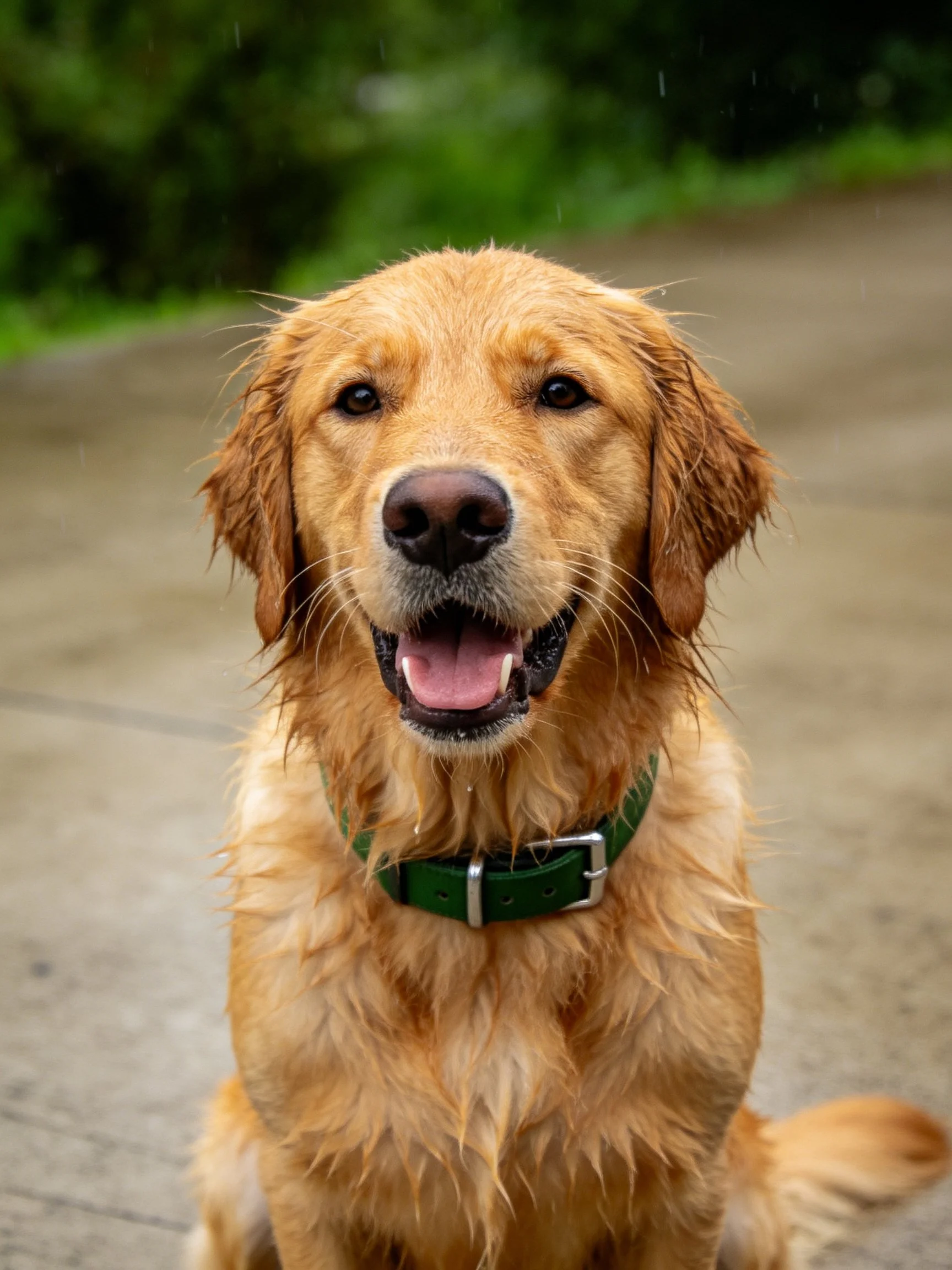 A golden retriever with wet fur wearing a green collar