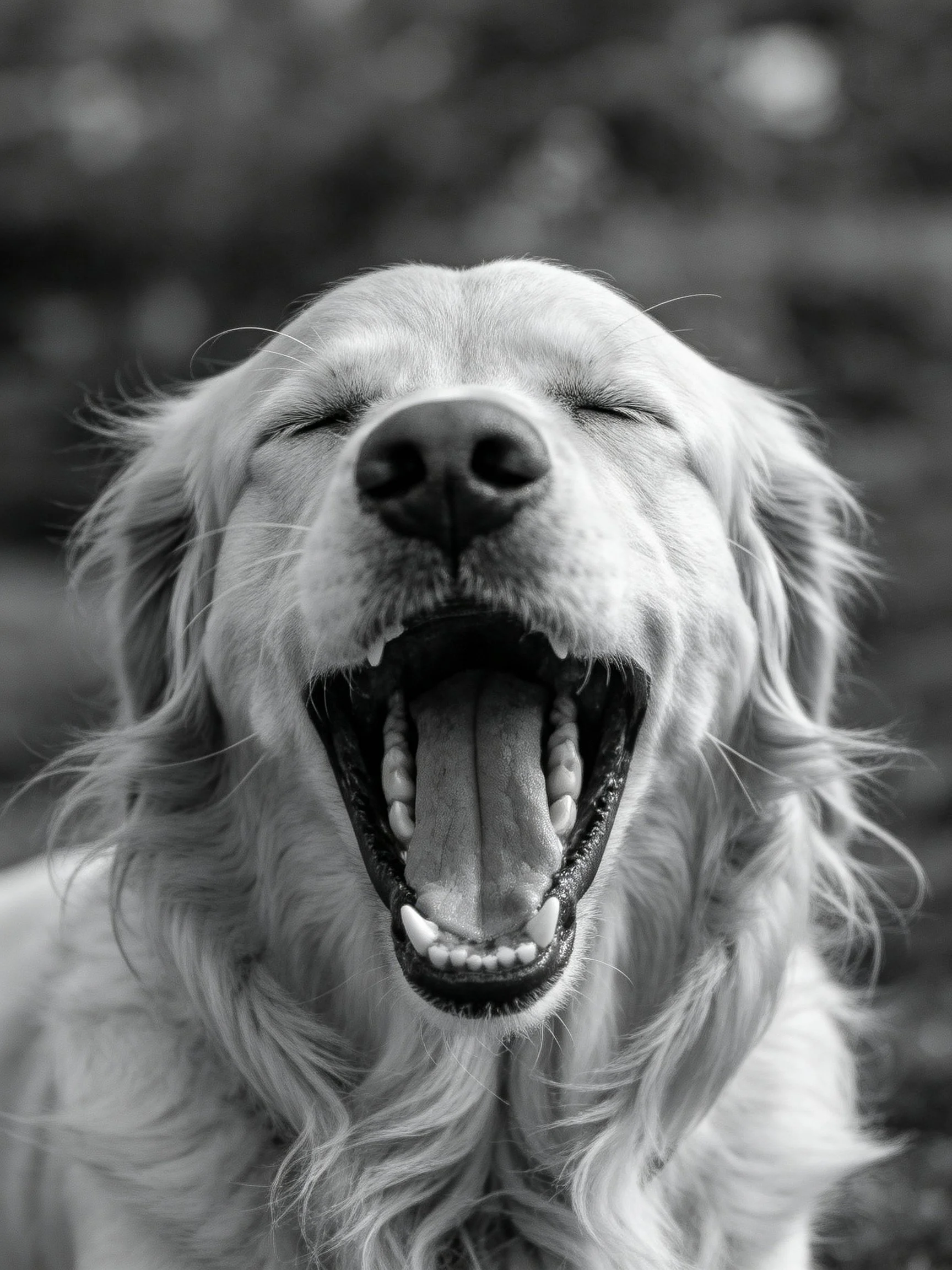 A golden retriever yawning in black and white photography