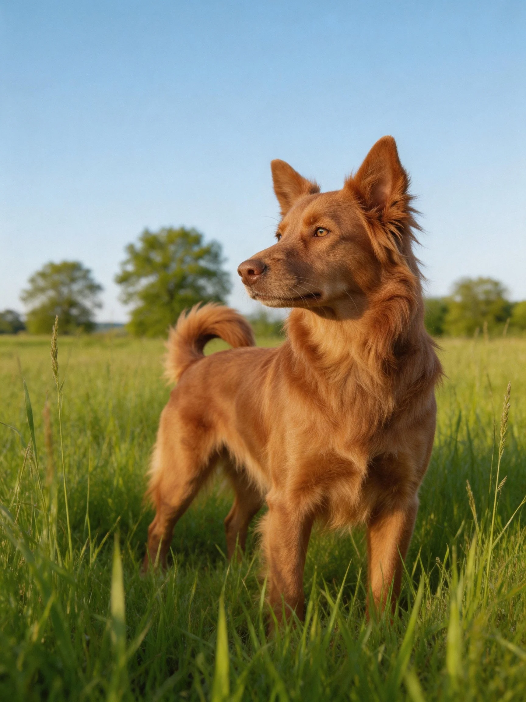 A golden -rown dog stands alert in a sunlit green meadow