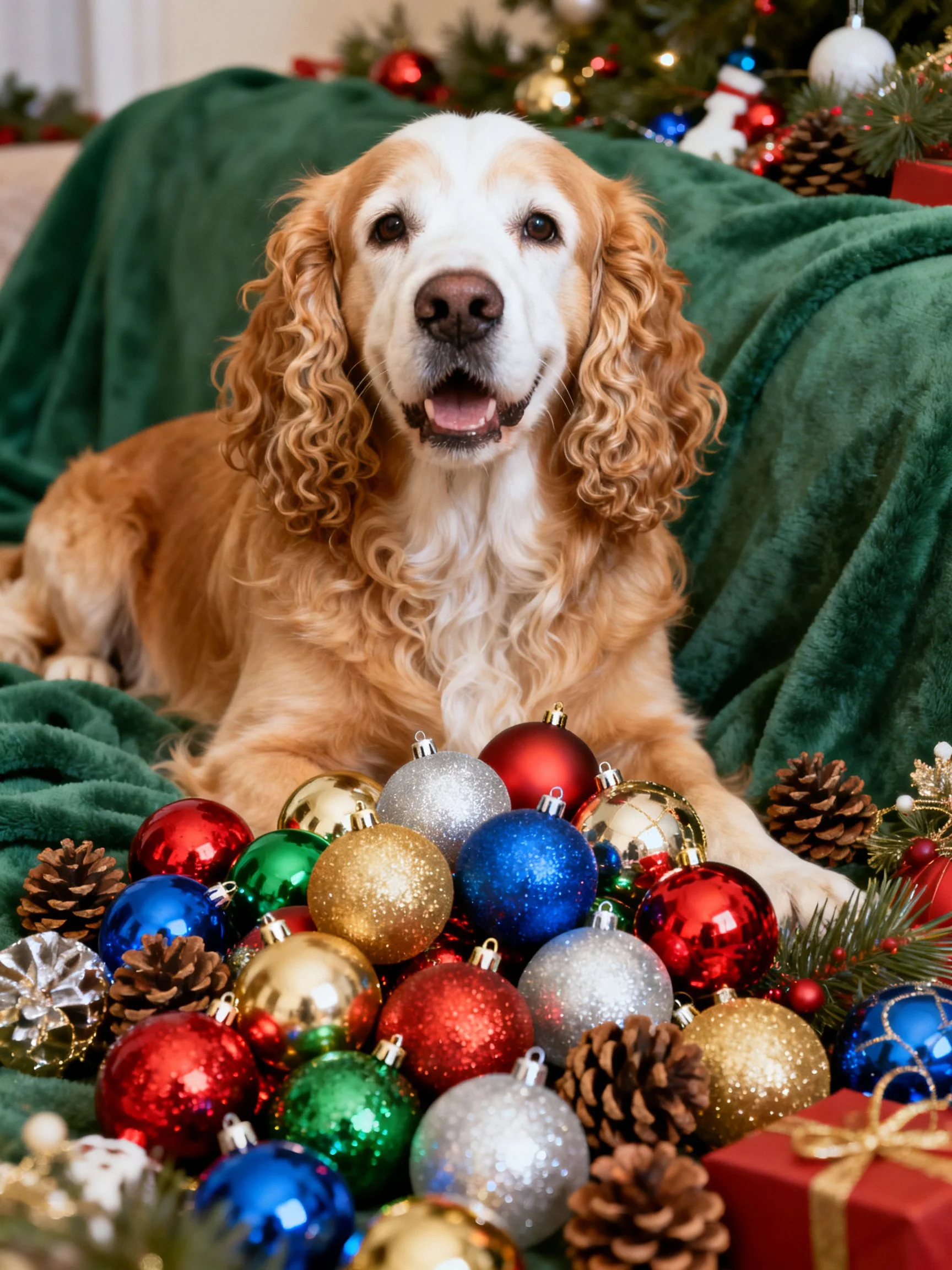 A golden spaniel lies among colorful Christmas ornaments and pinecones