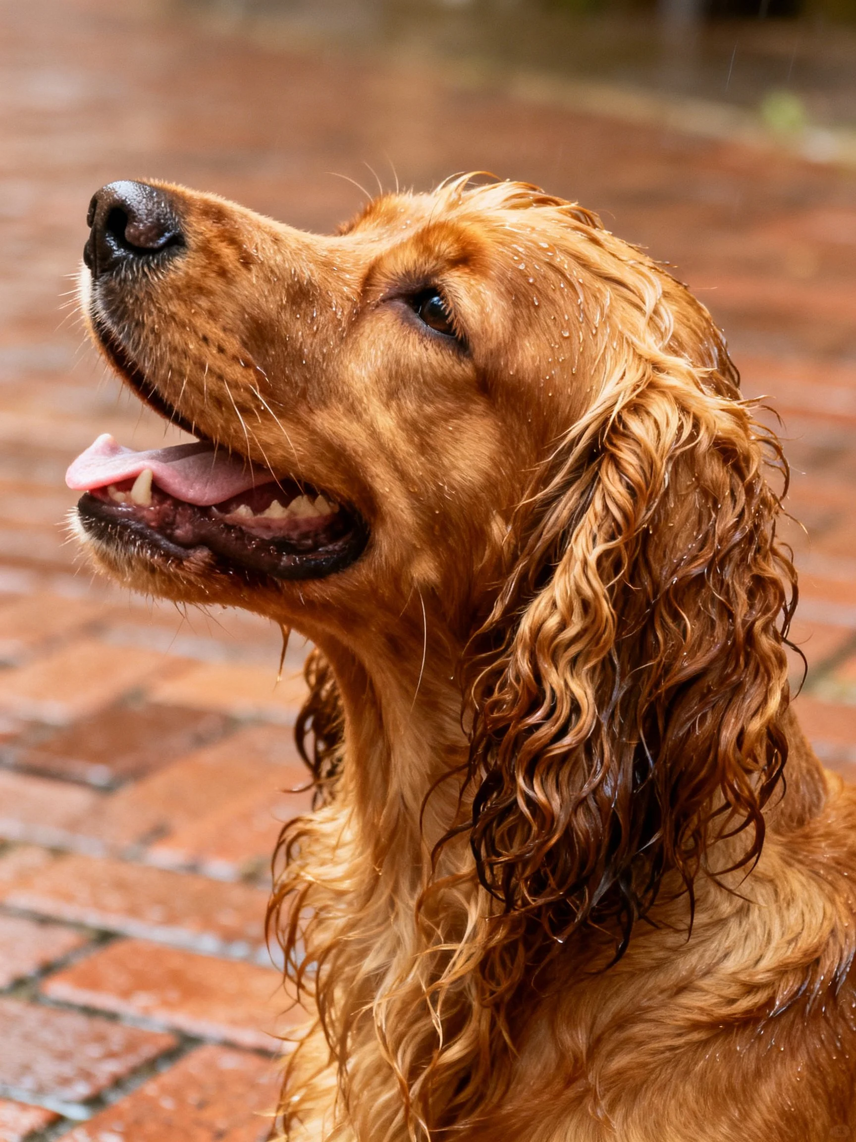 A golden spaniel with wet, curly fur on a brick pavement