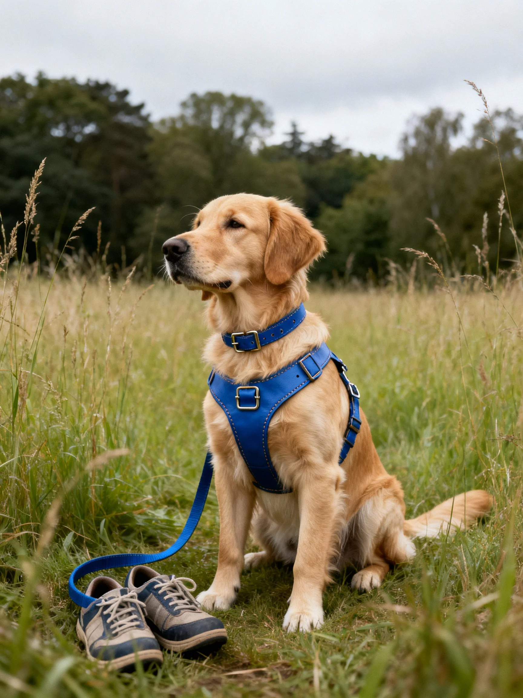A goldenretriever in a blue harness sits in tall grass near sneakers
