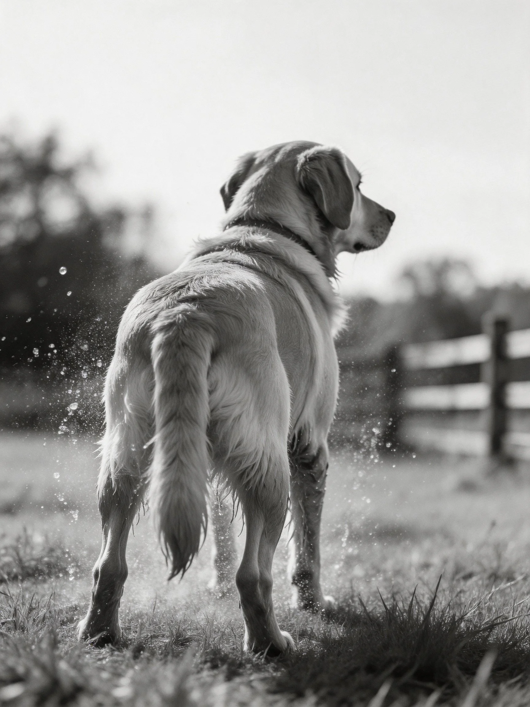A golden retriever stands in a sunlit field with water droplets.
