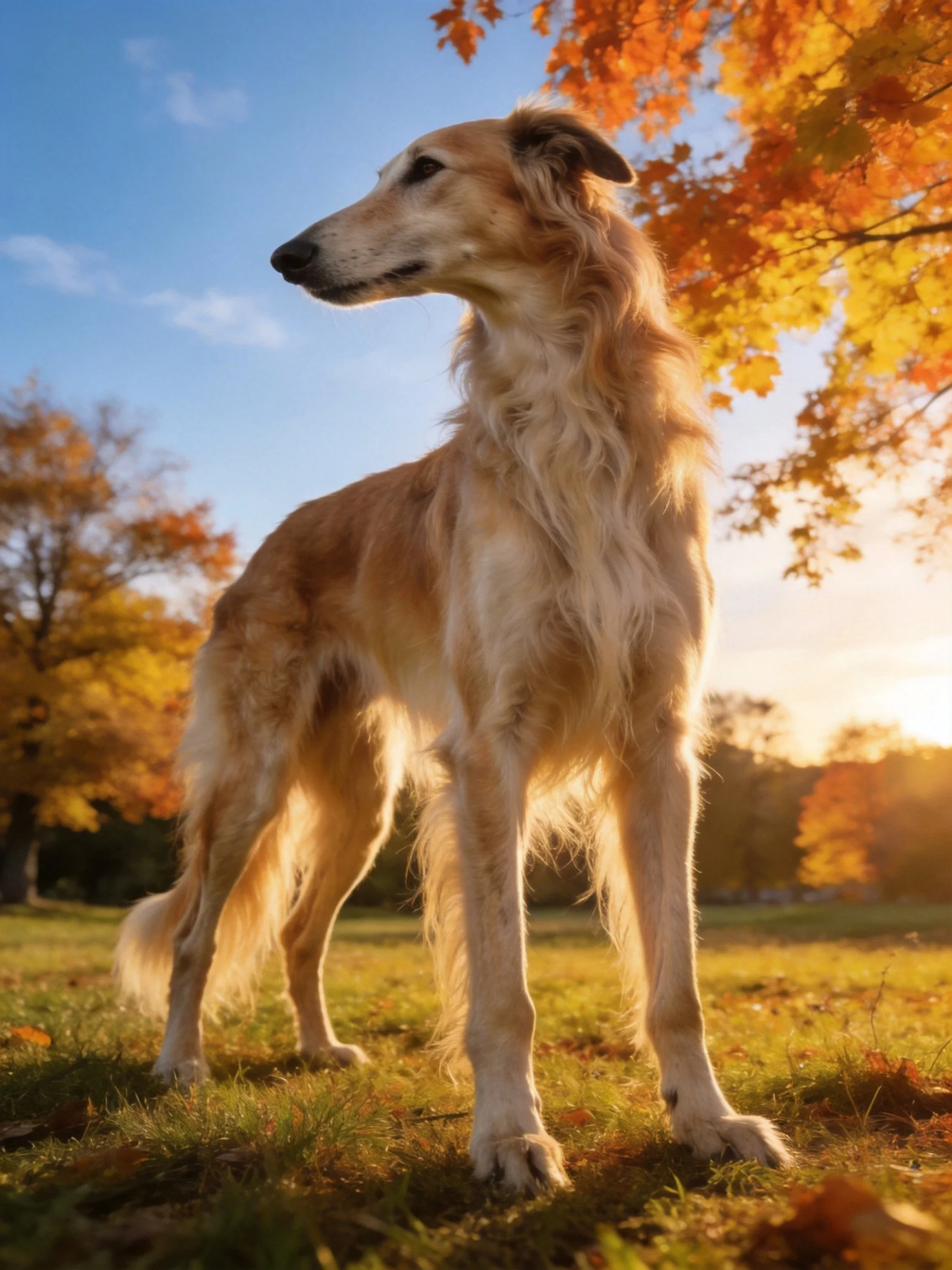 A graceful long-haired dog stands amid autumn foliage under golden sunlight