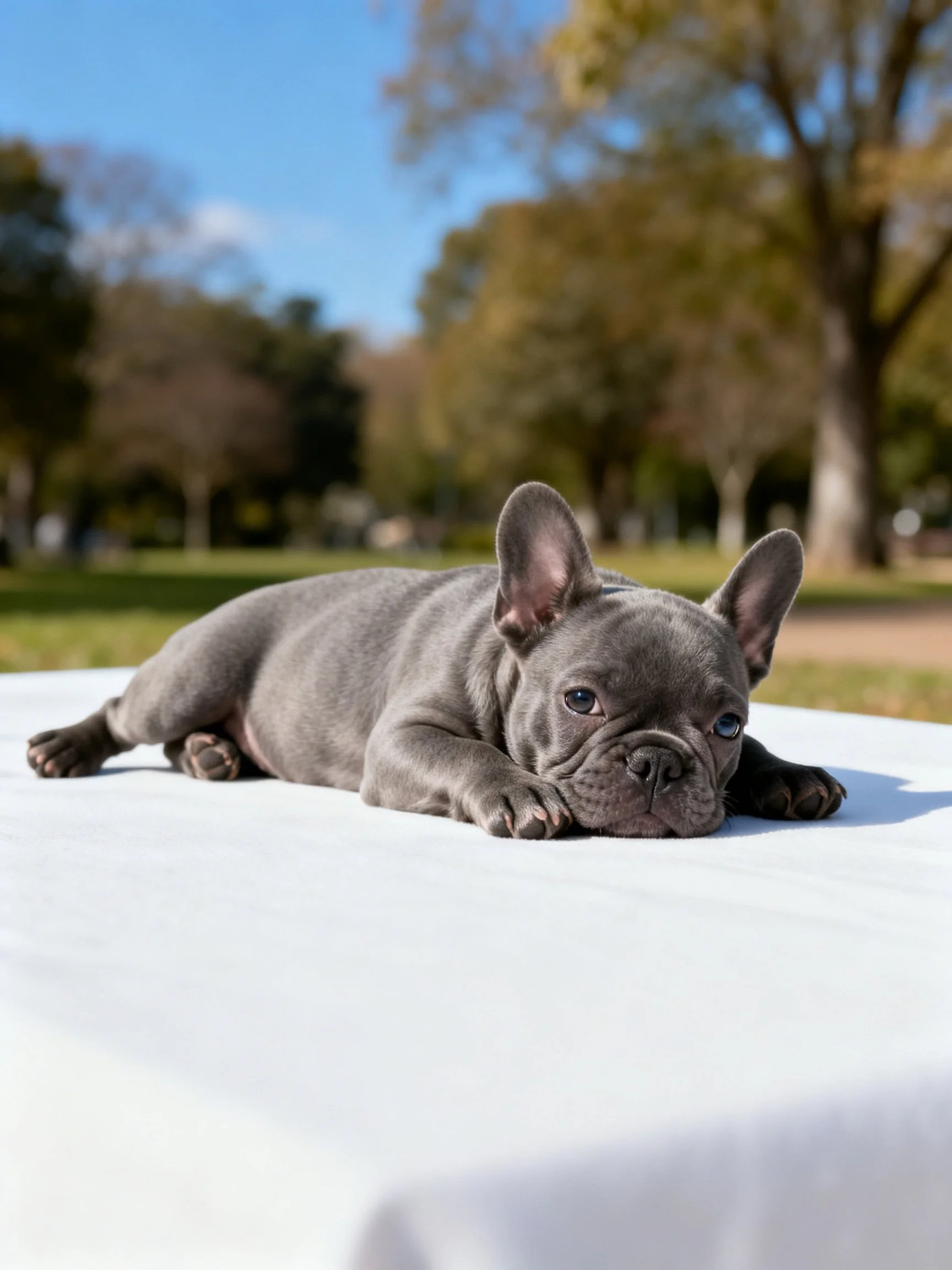 A gray French Bulldog puppy relaxes on a white surface in a sunny park
