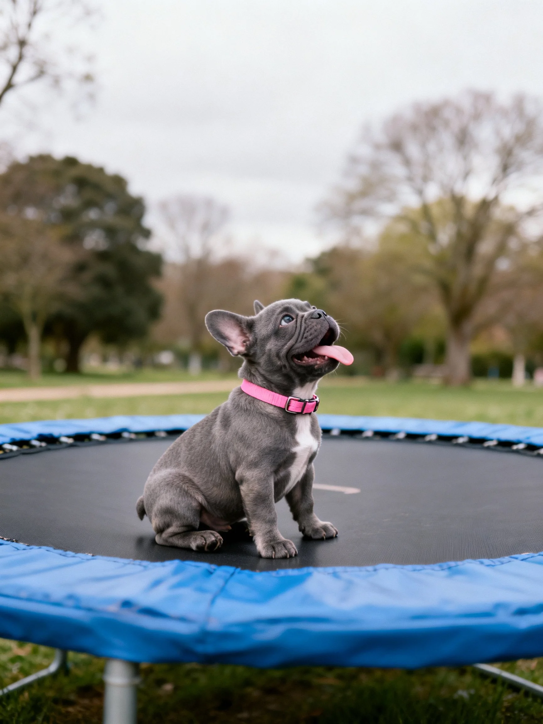 A gray French bulldog puppy sits on a blue trampoline in a park.