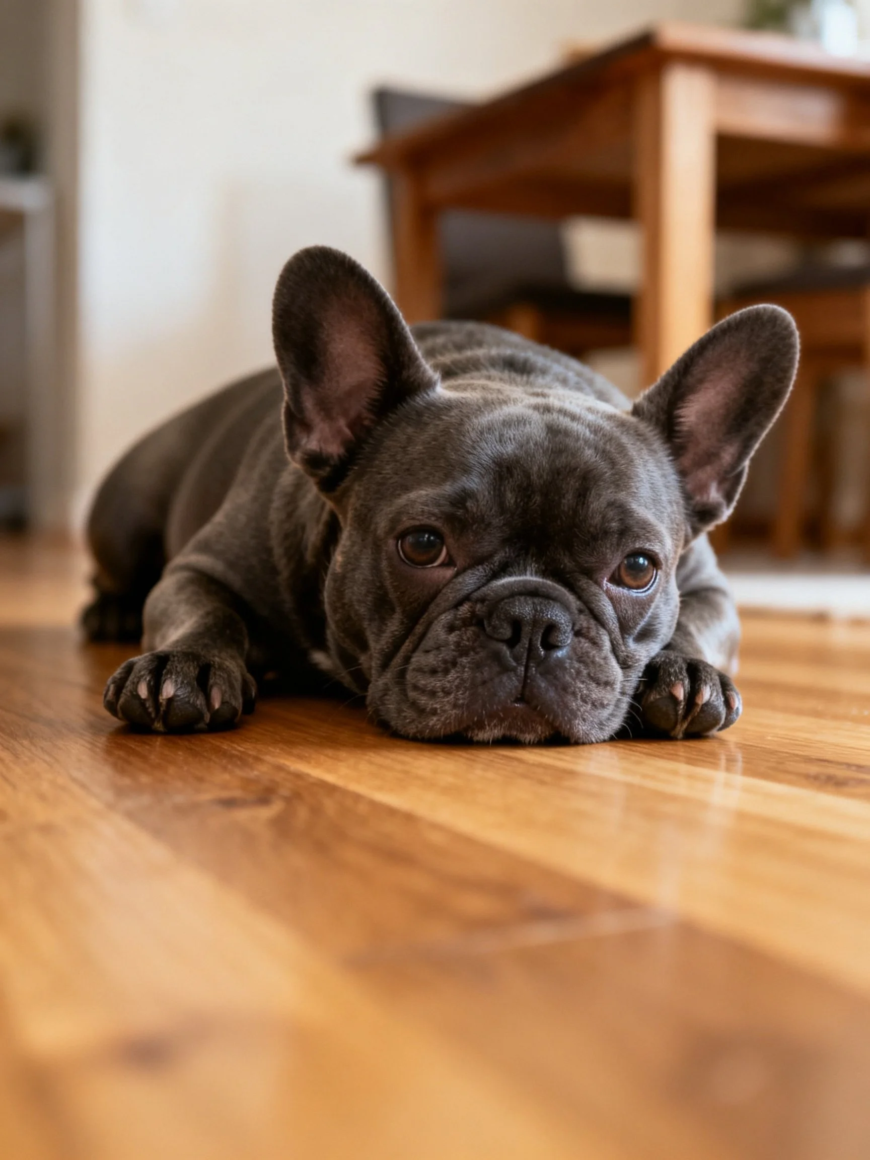 A gray French bulldog lies calmly on a wooden floor indoors.