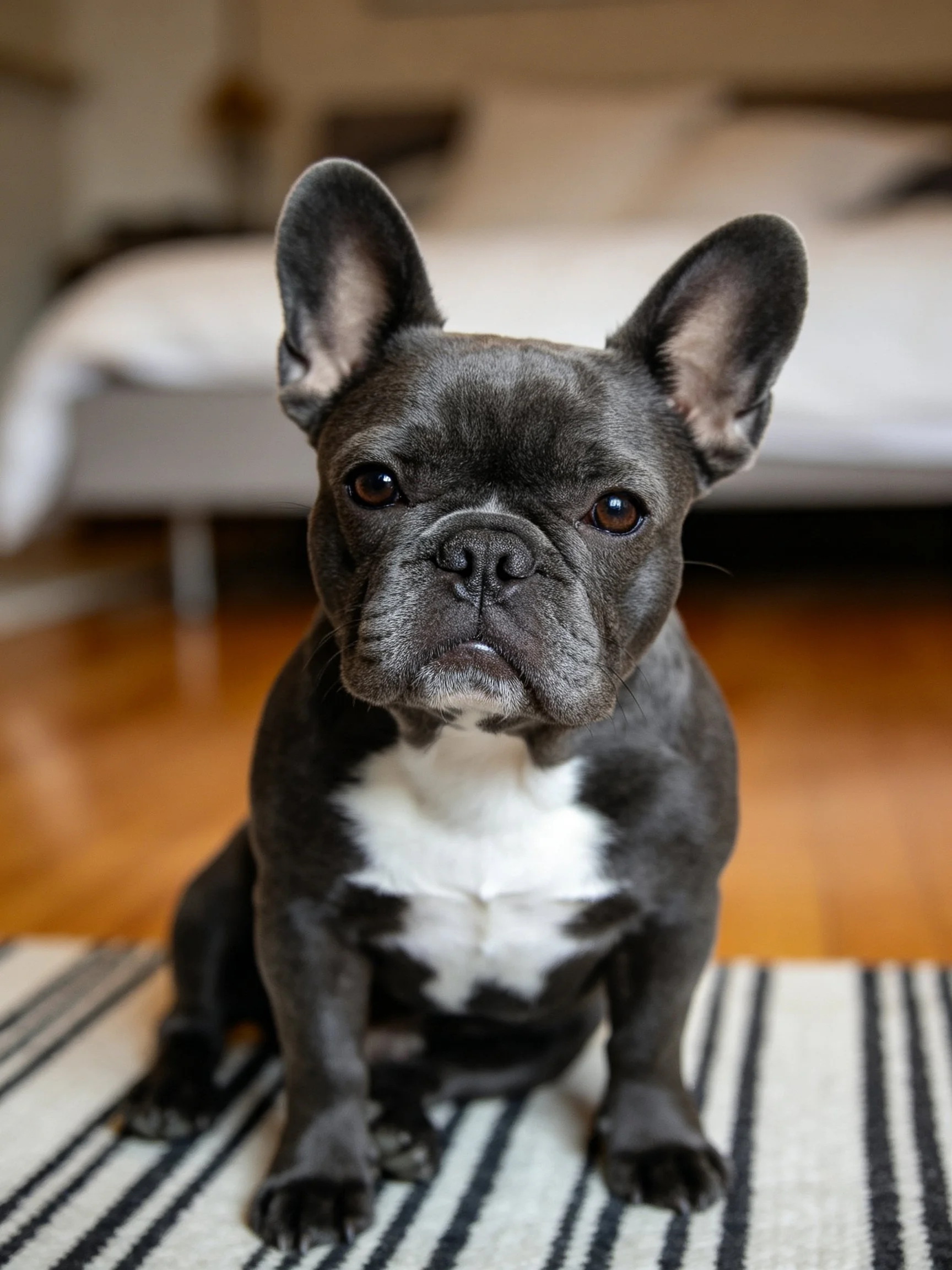 A gray French bulldog sits calmly on a striped rug in an indoor setting.