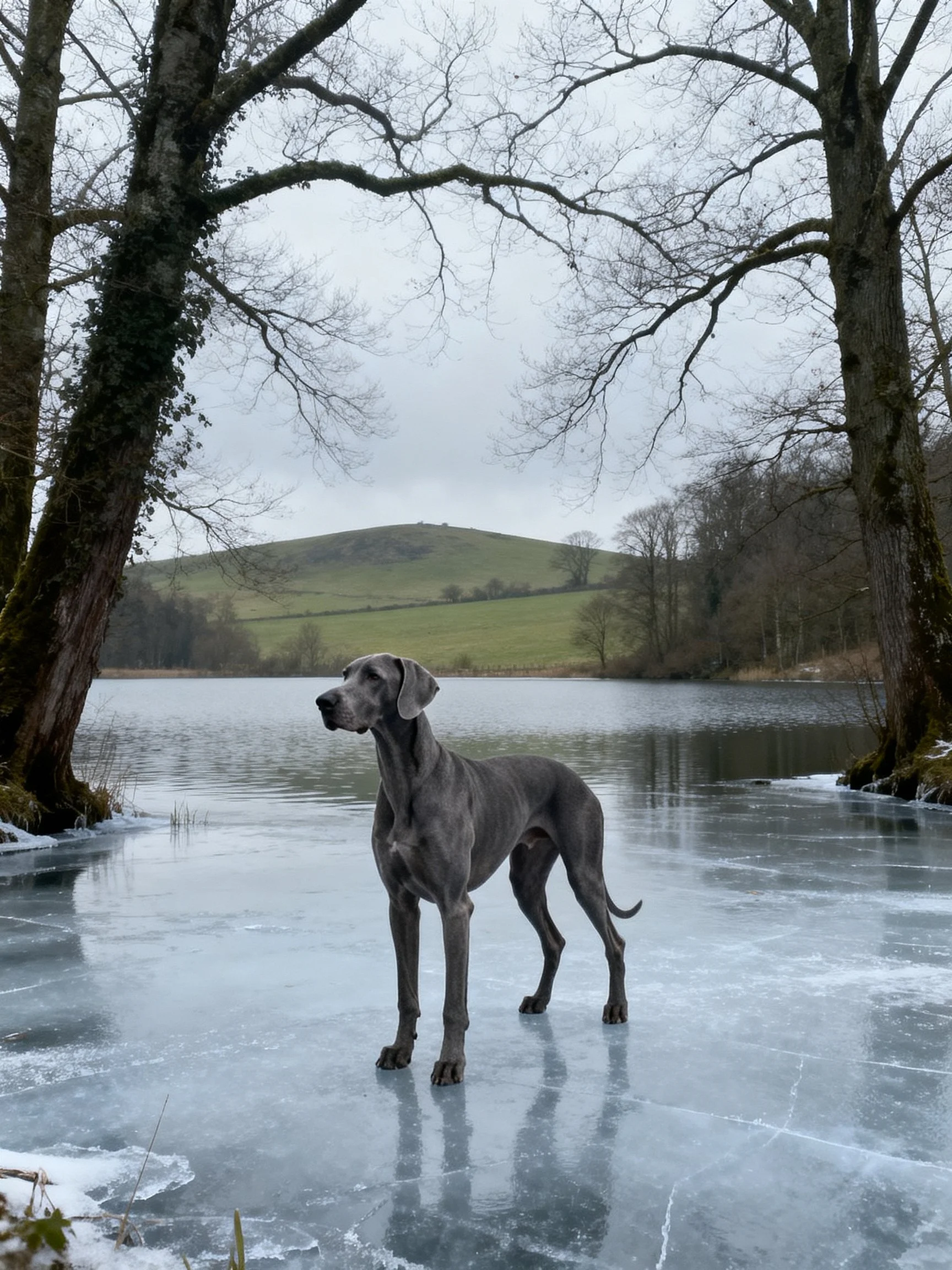 A gray Great Dane stands on a frozen lake near bare trees