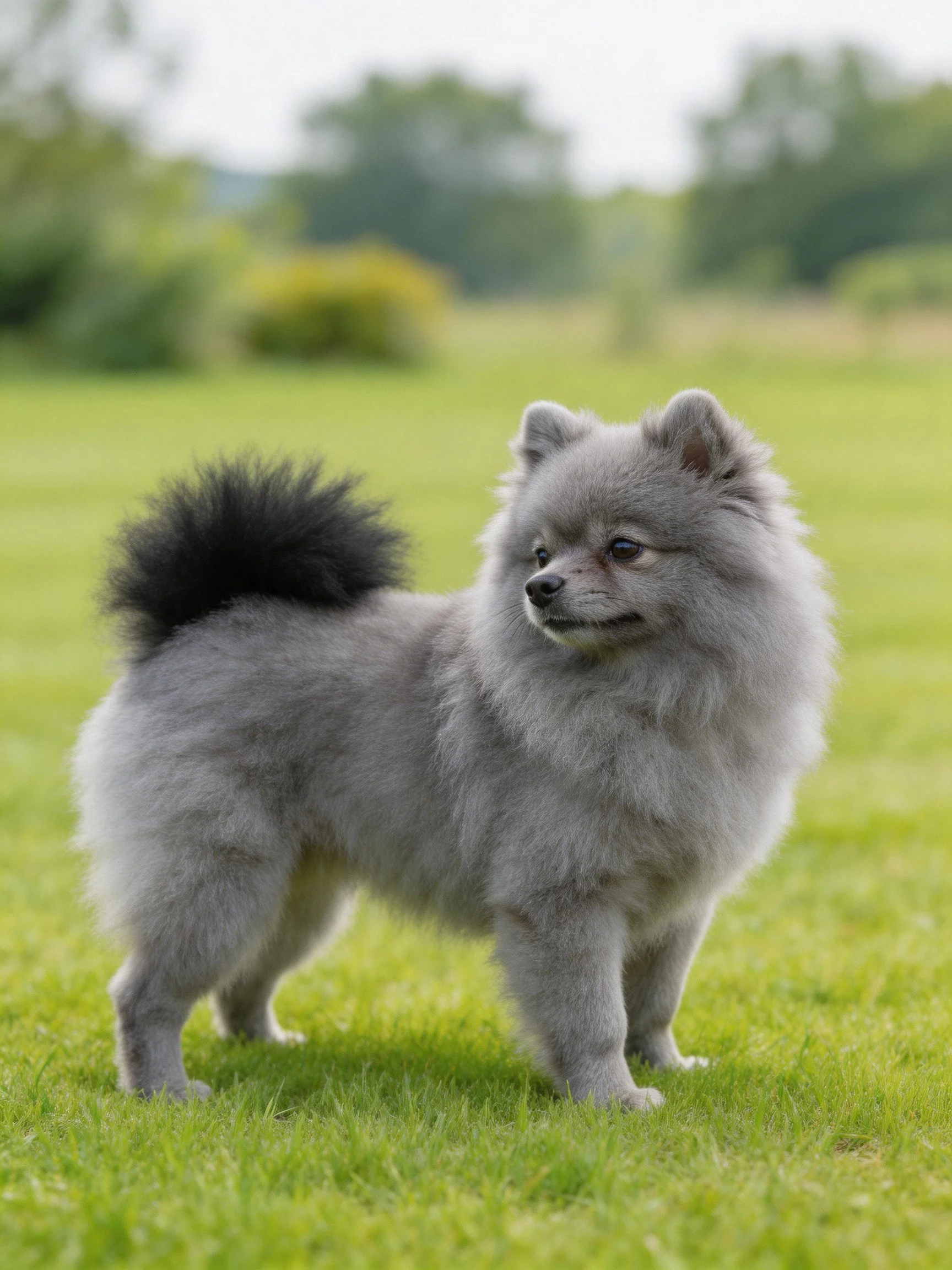 A gray Pomeranian with a black tail stands on green grass in an outdoor setting.