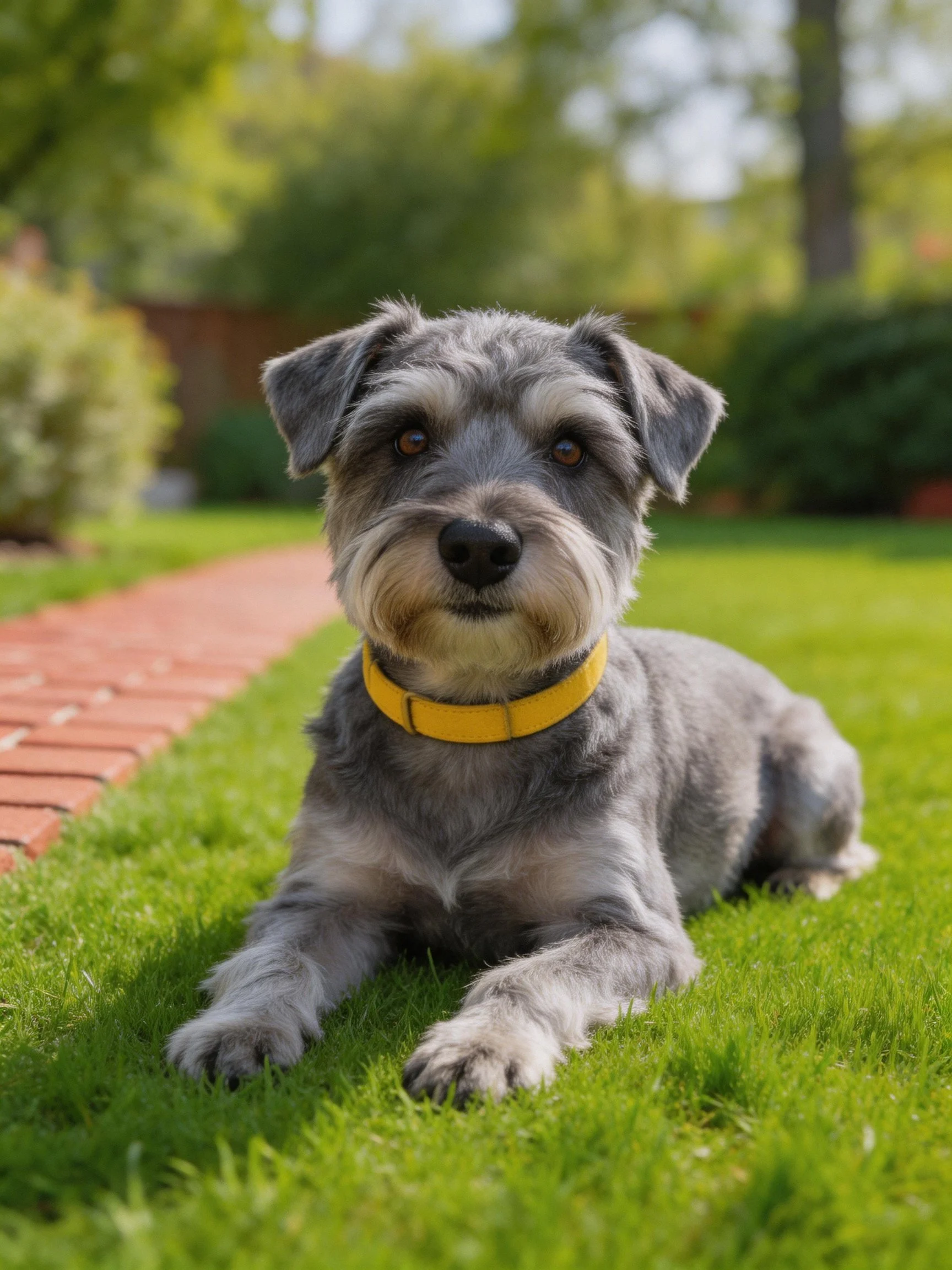 A gray Schnauzer rests on lush green grass beside a brick pathway