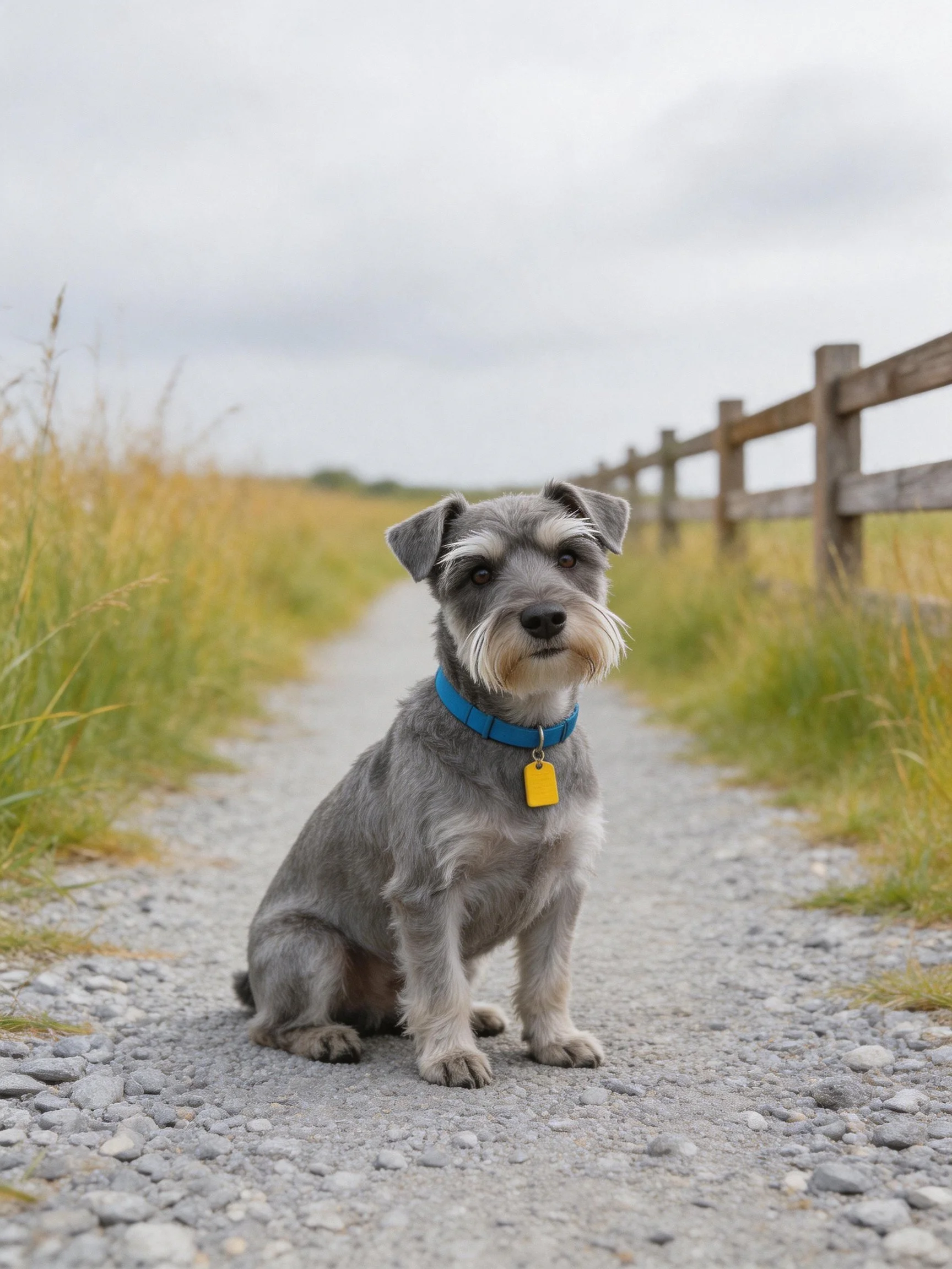 A gray Schnauzer sits on a gravel path beside a wooden fence