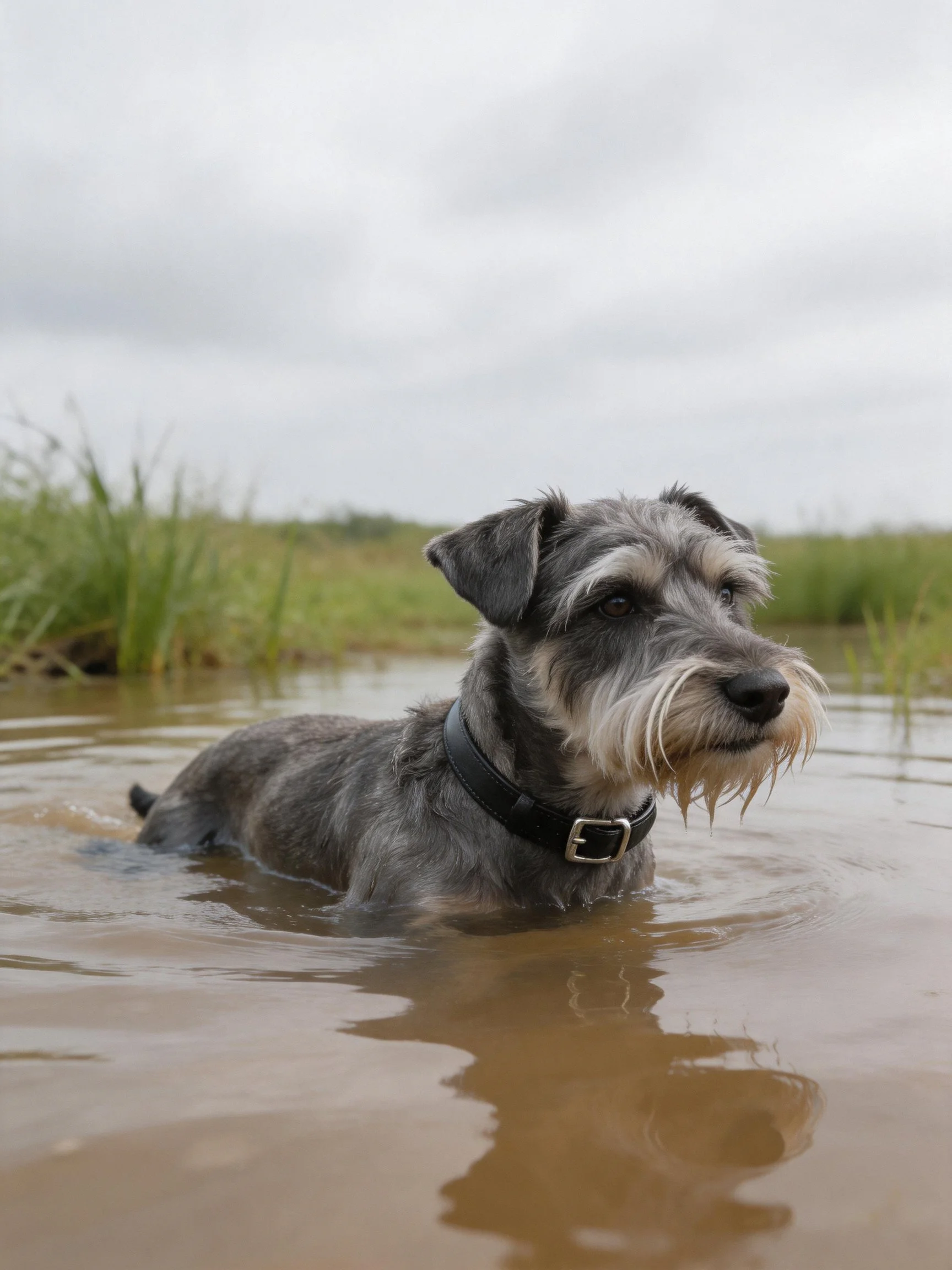 A gray Schnauzer wades through muddy water near green marsh vegetation