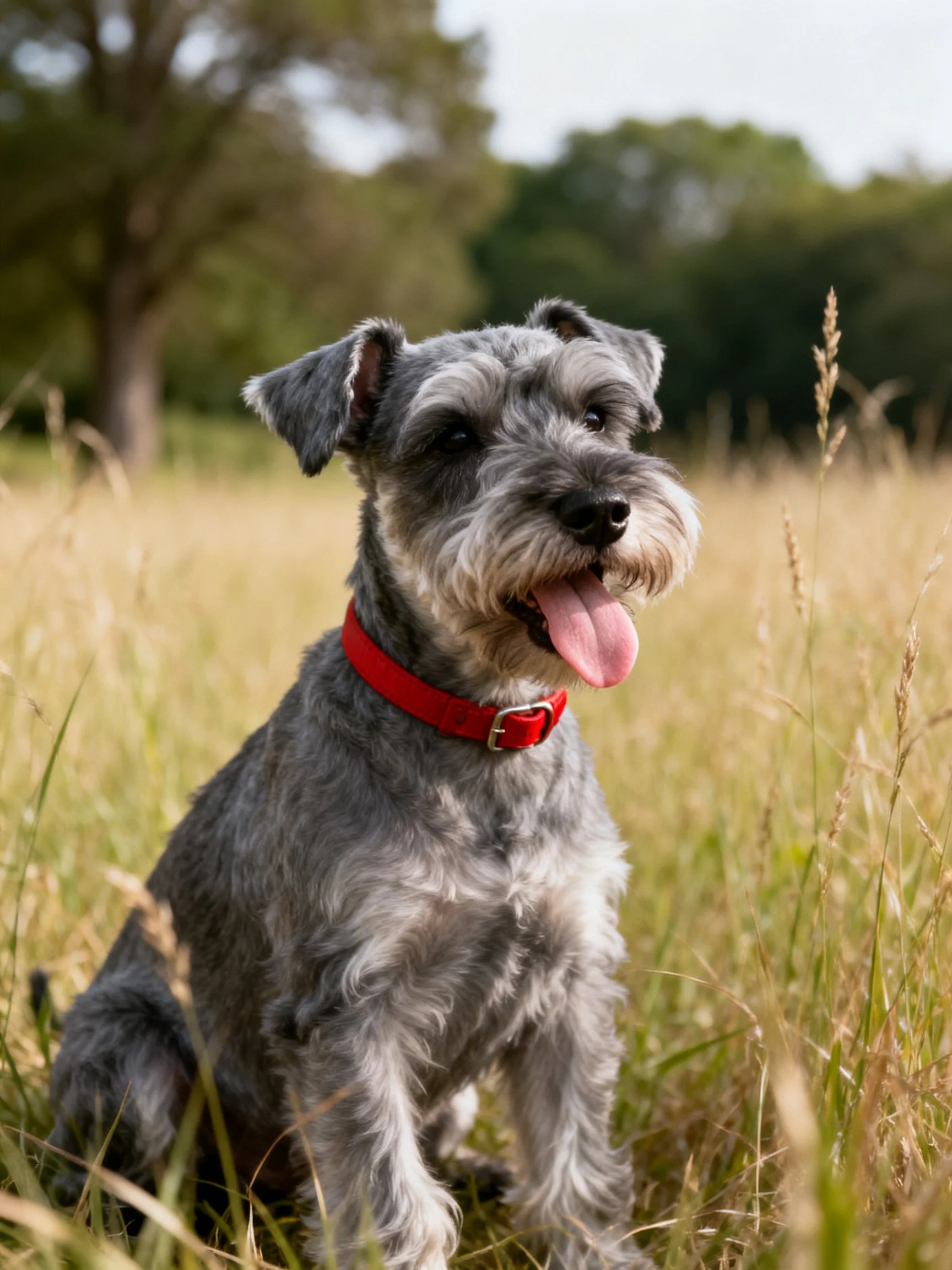 A gray Schnauzer with a red collar sits in tall golden grass