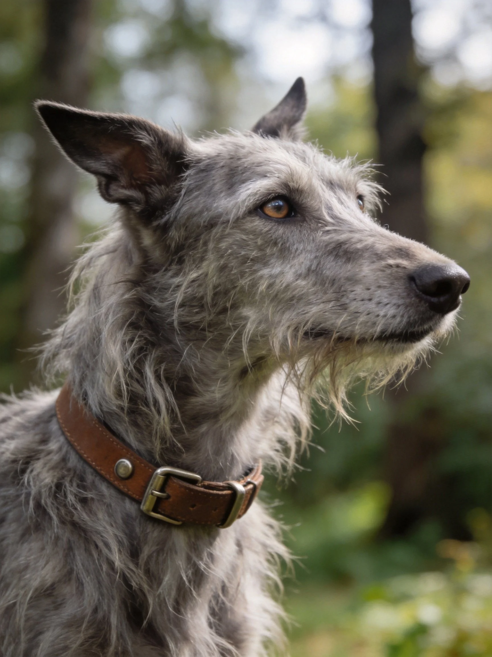 A gray Scottish Deerhound with a brown leather collar in a forest