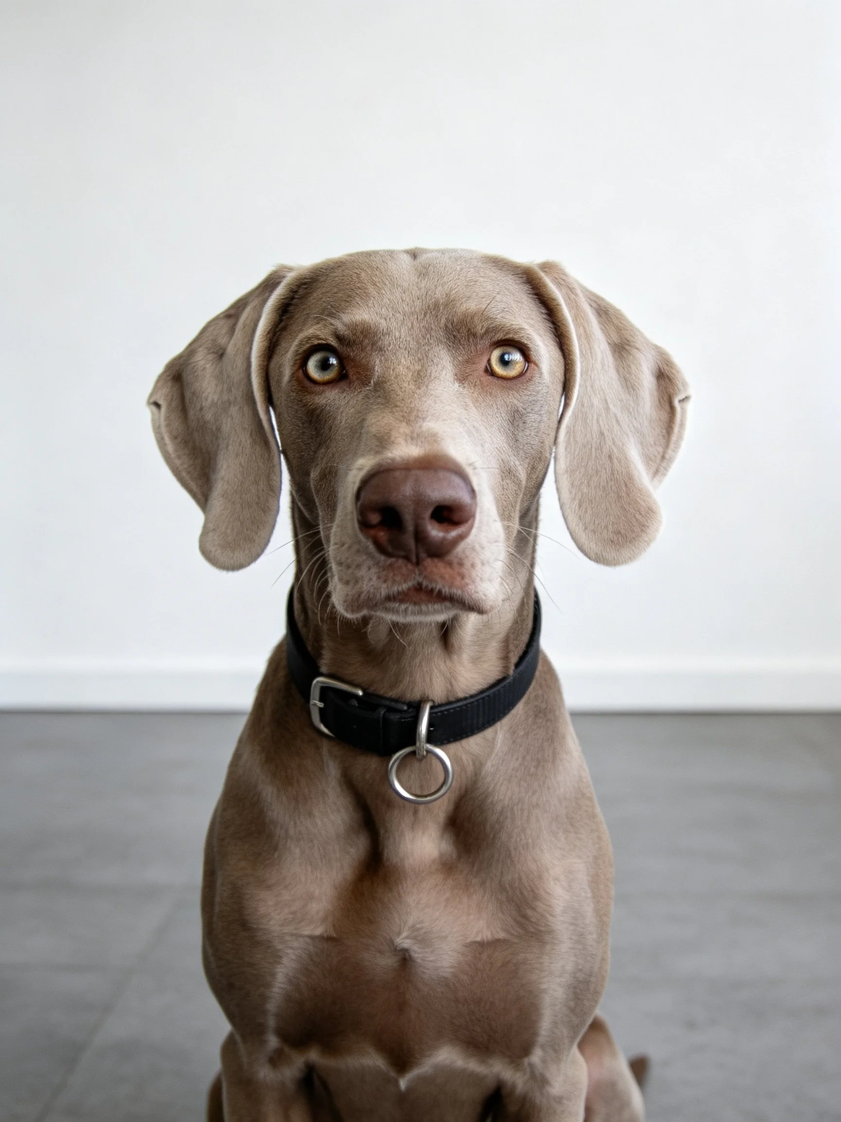 A gray Weimaraner dog sitting with a black collar