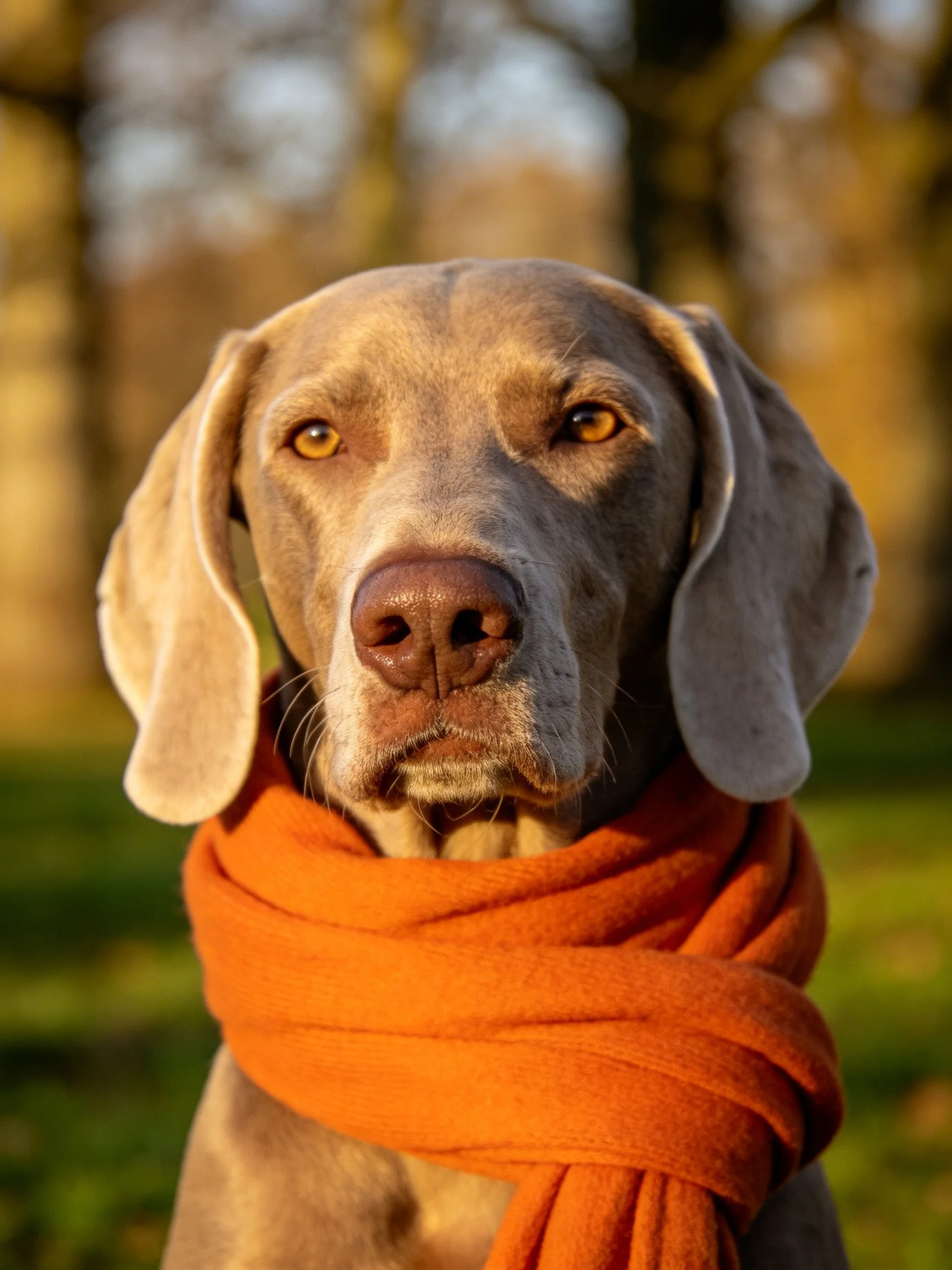 A gray Weimaraner dog wearing an orange scarf outdoors