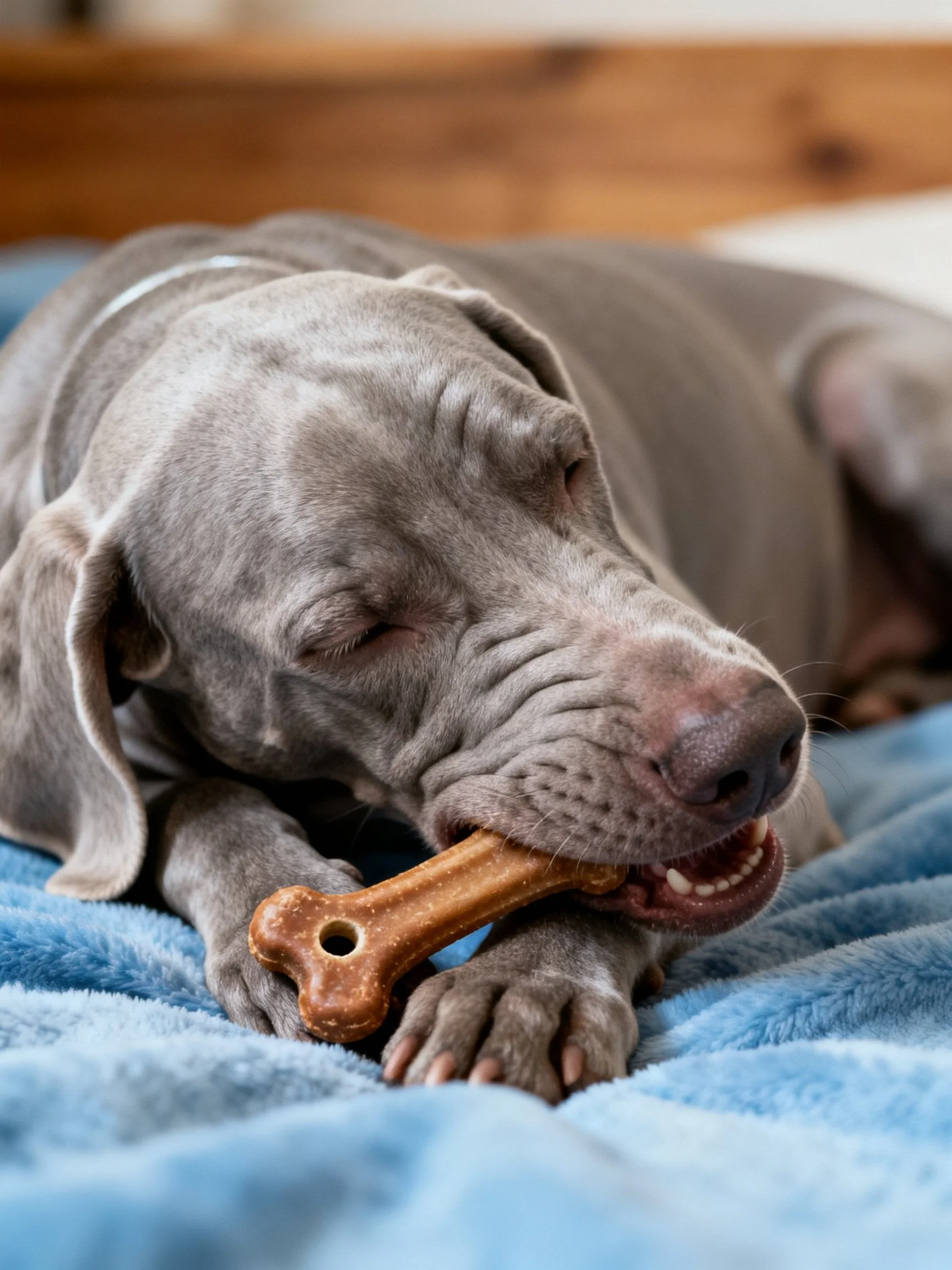 A gray Weimaraner puppy chews a brown bone on a soft blue blanket