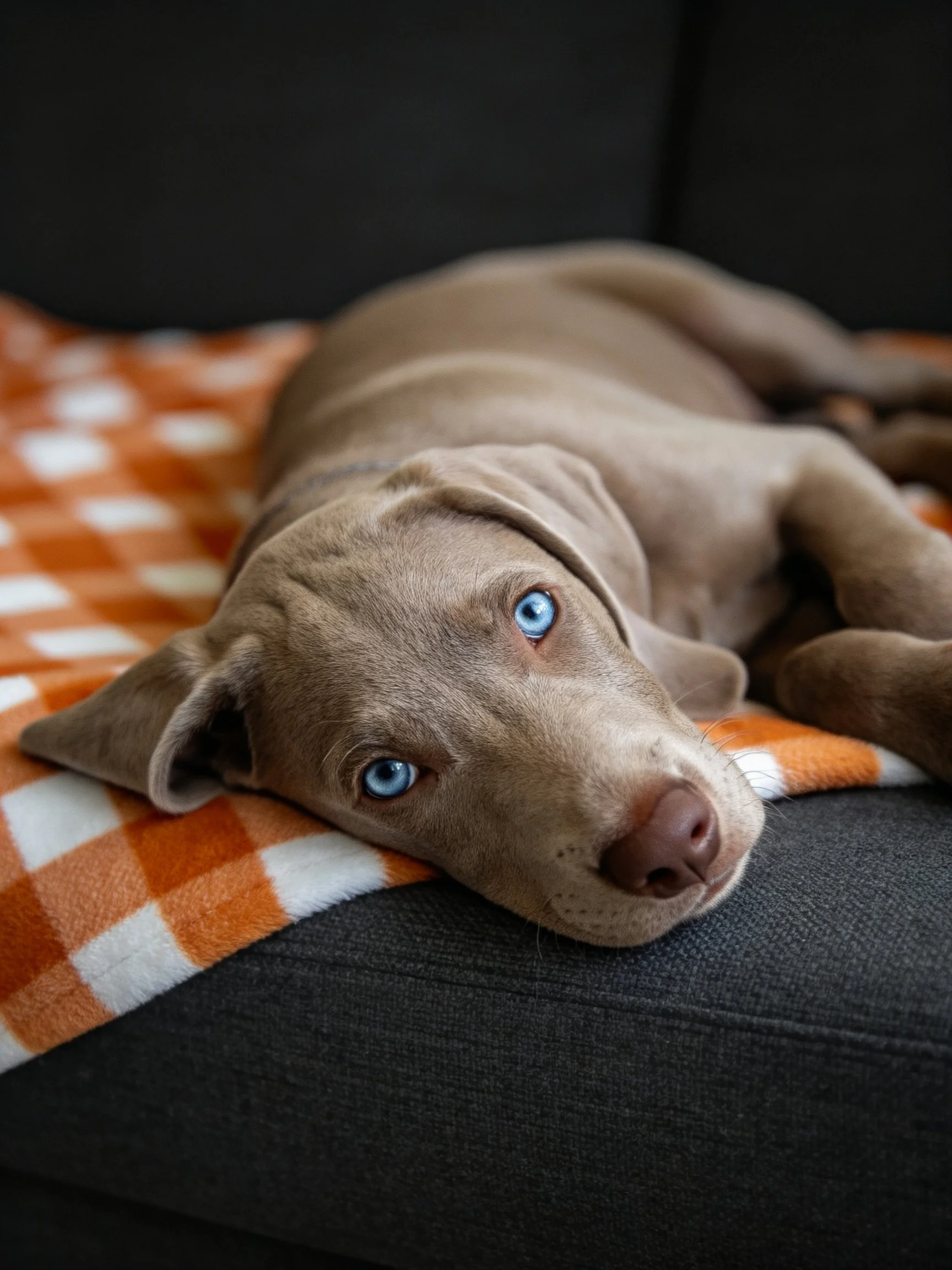 A gray Weimaraner puppy rests on an orange-and-white checkered blanket