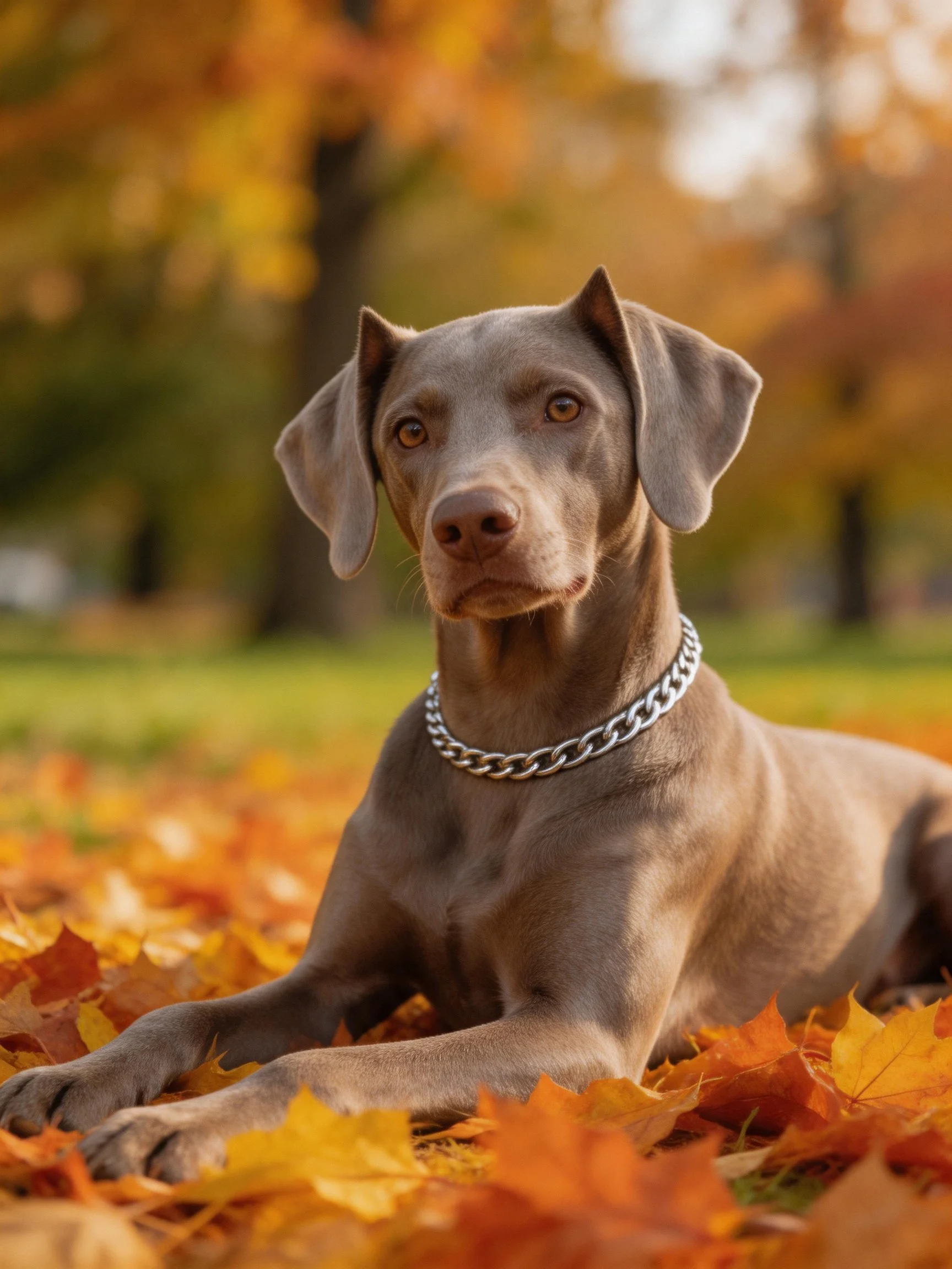 A gray Weimaraner rests among vibrant autumn leaves