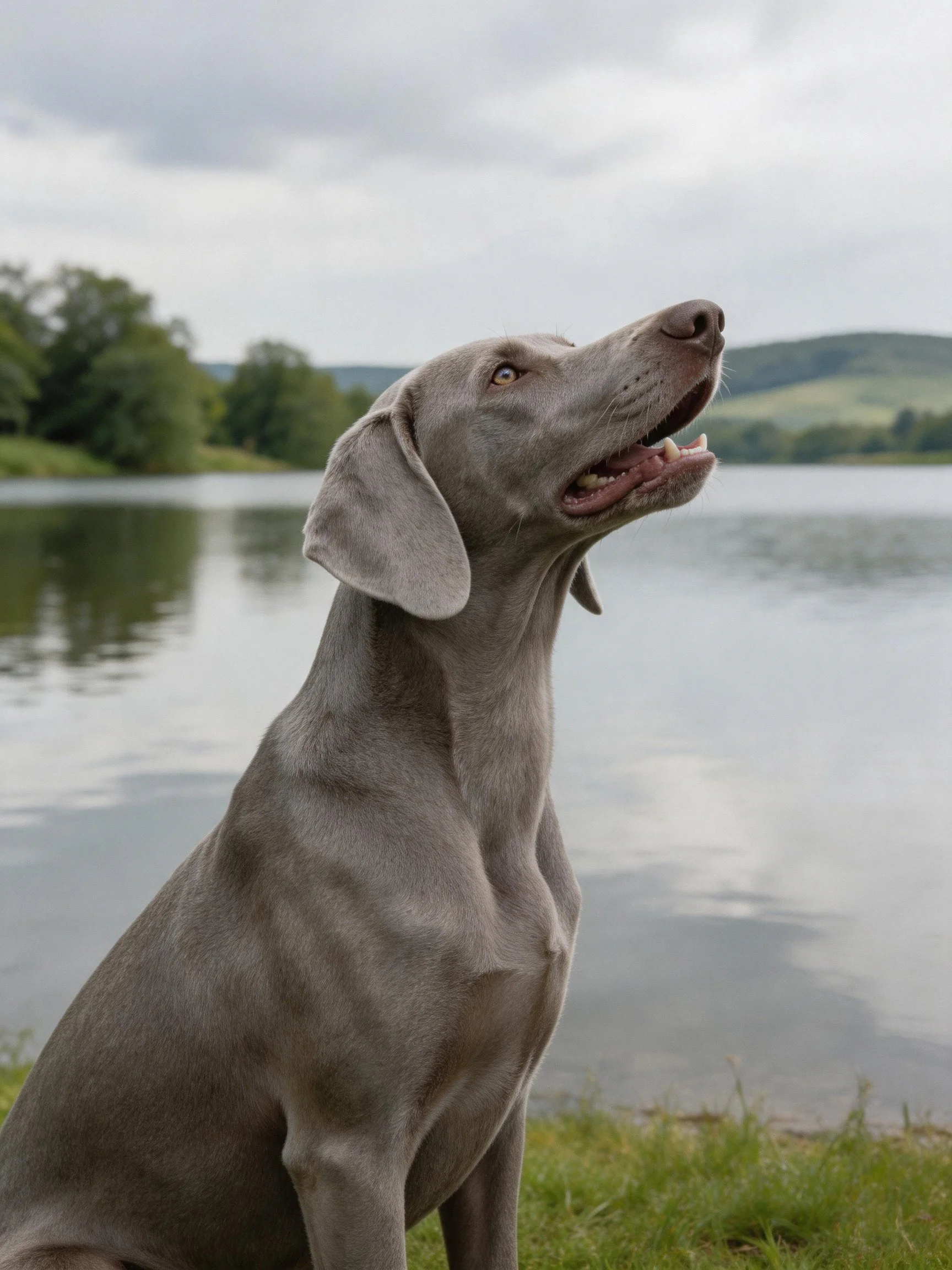 A gray Weimaraner sits by a calm lake under cloudy skies