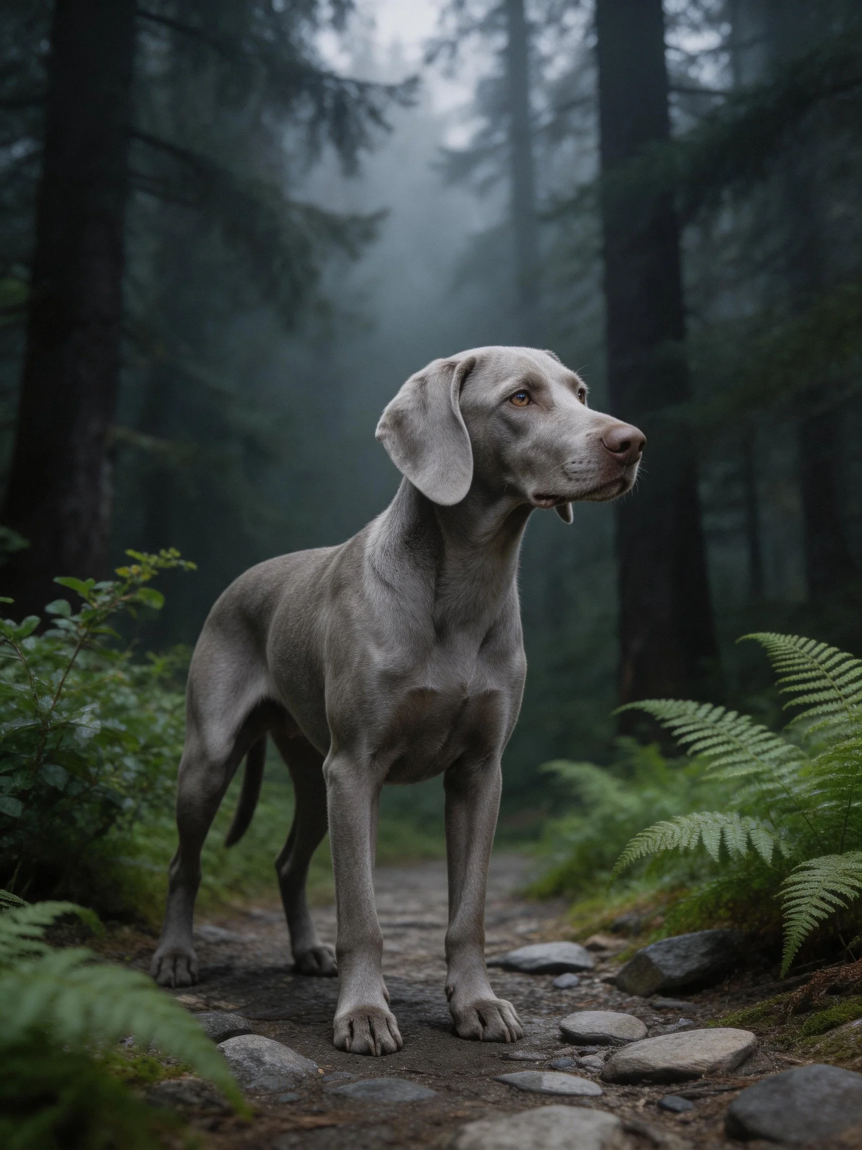 A gray Weimaraner stands alertly in a mist-shrouded forest with lush greenery.
