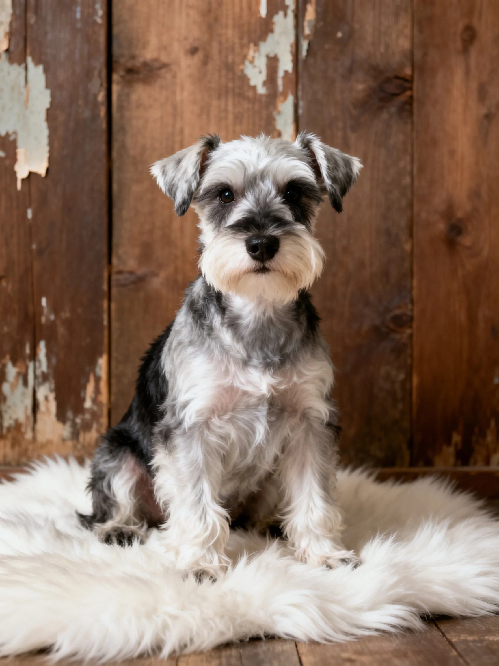 A gray and black Schnauzer sits calmly on a white fur rug beside aged wooden walls.