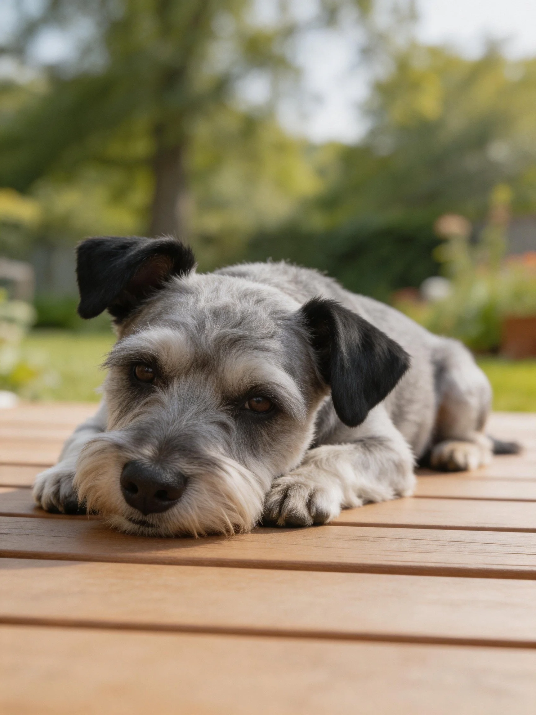 A gray and black dog rests on a wooden deck in a sunlit garden