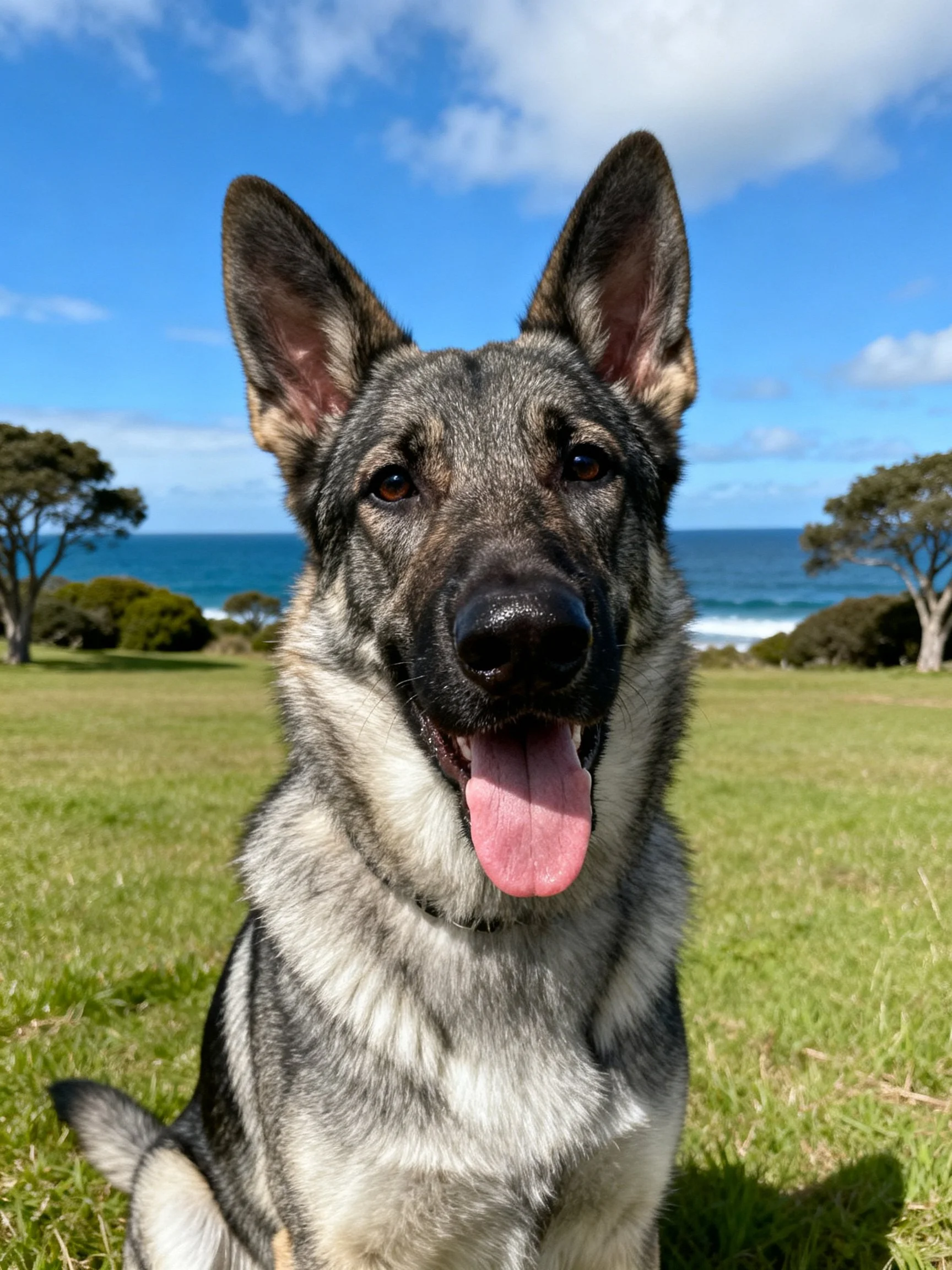 A gray and black dog sits contentedly on grass beside the ocean view.