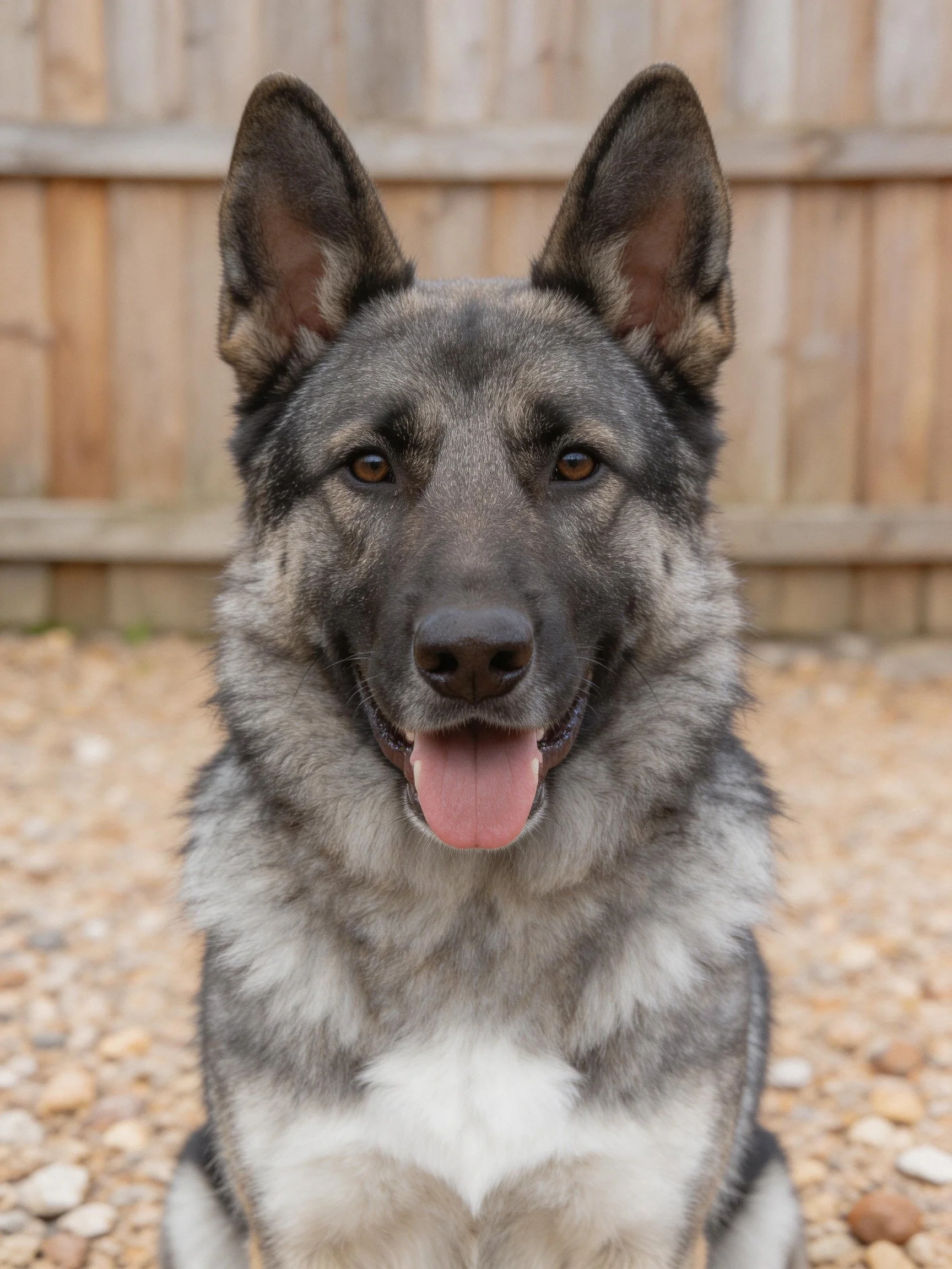 A gray and black dog with upright ears sits on gravel next to a wooden fence.