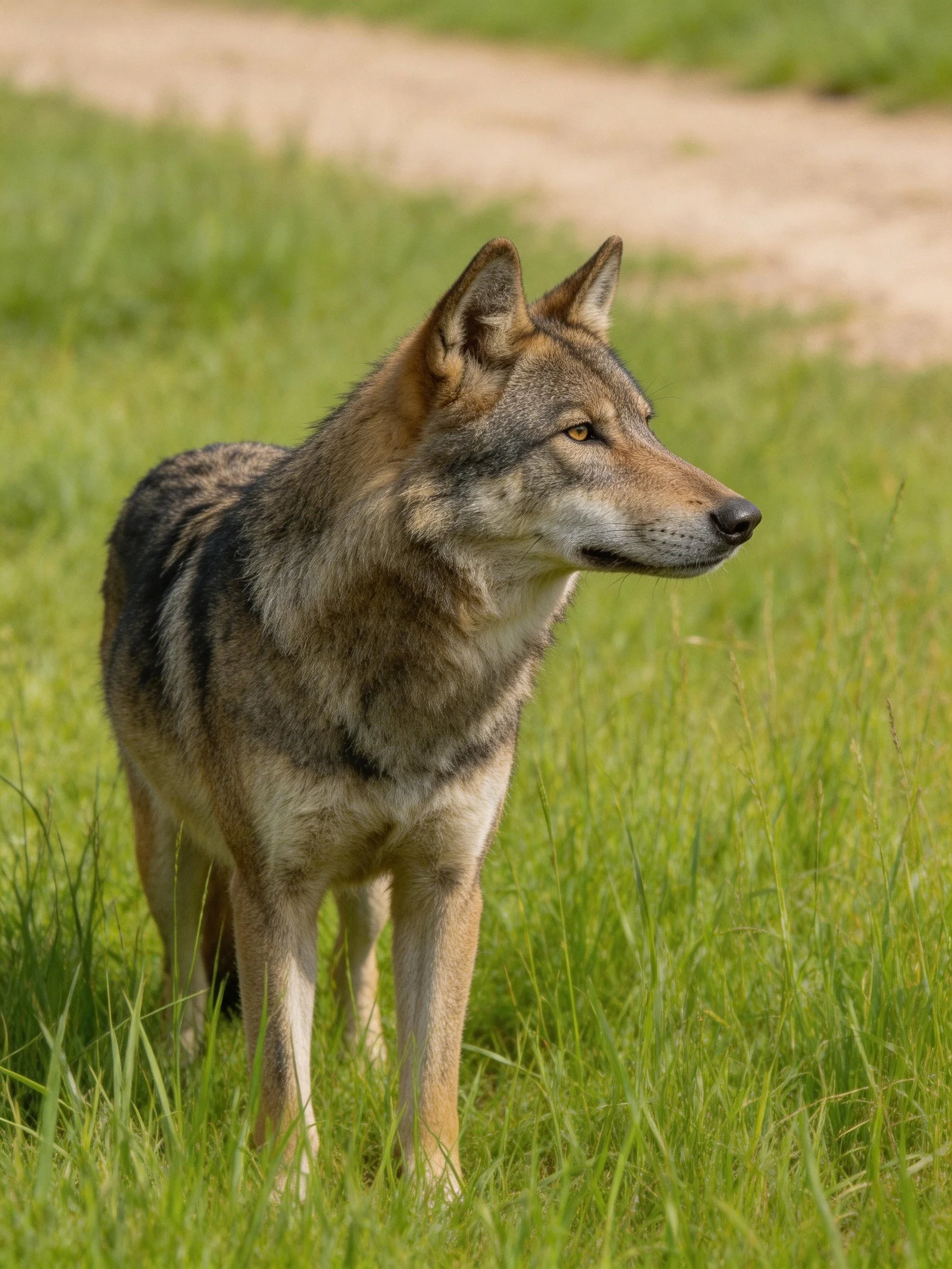 A gray and brown wolf stands in tall green grass near a dirt path