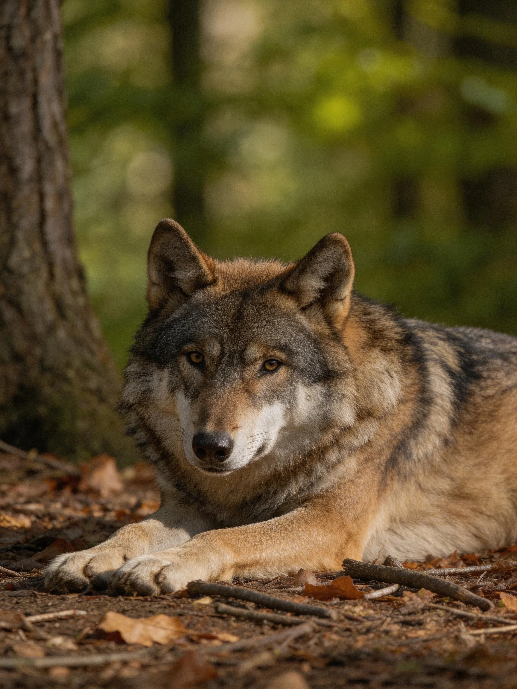 A gray and tan wolf rests near a tree in a sunlit forest.