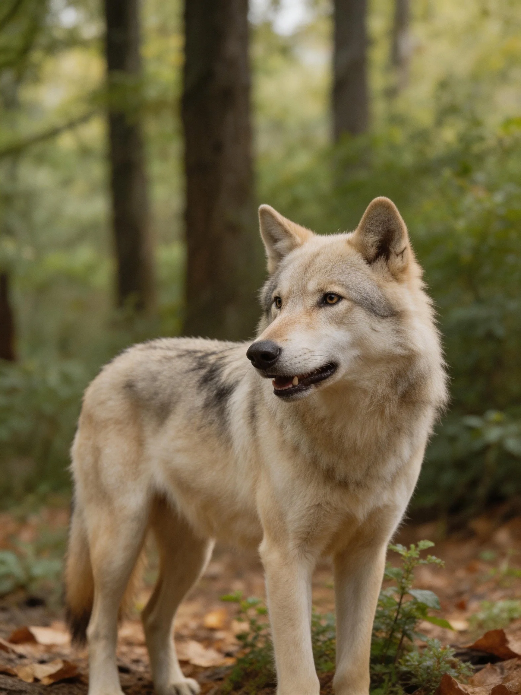 Agray-and-tan wolf stands alert in a sunlit forest with tall trees