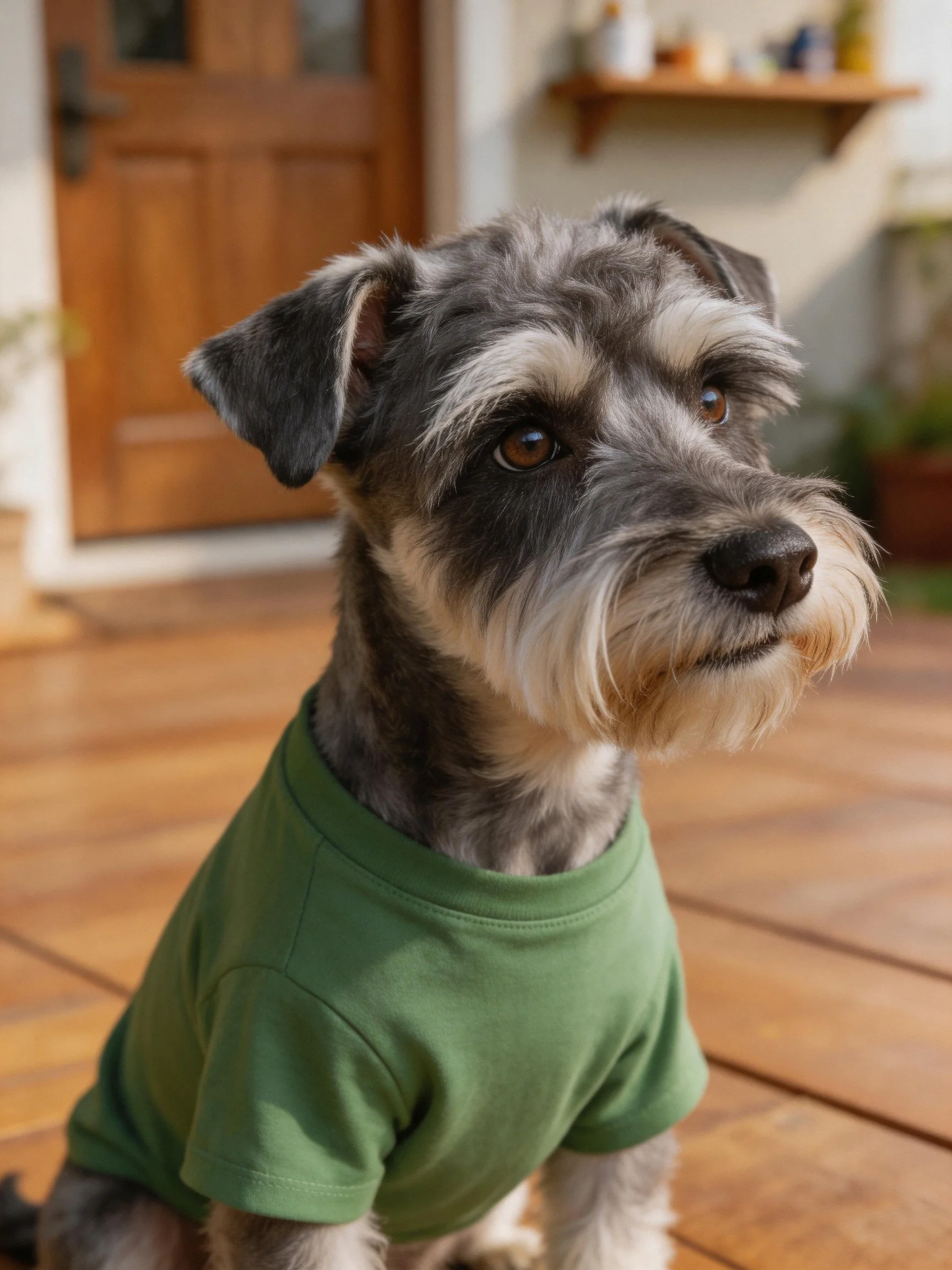 A gray and white Schnauzer in a green shirt on a wooden deck