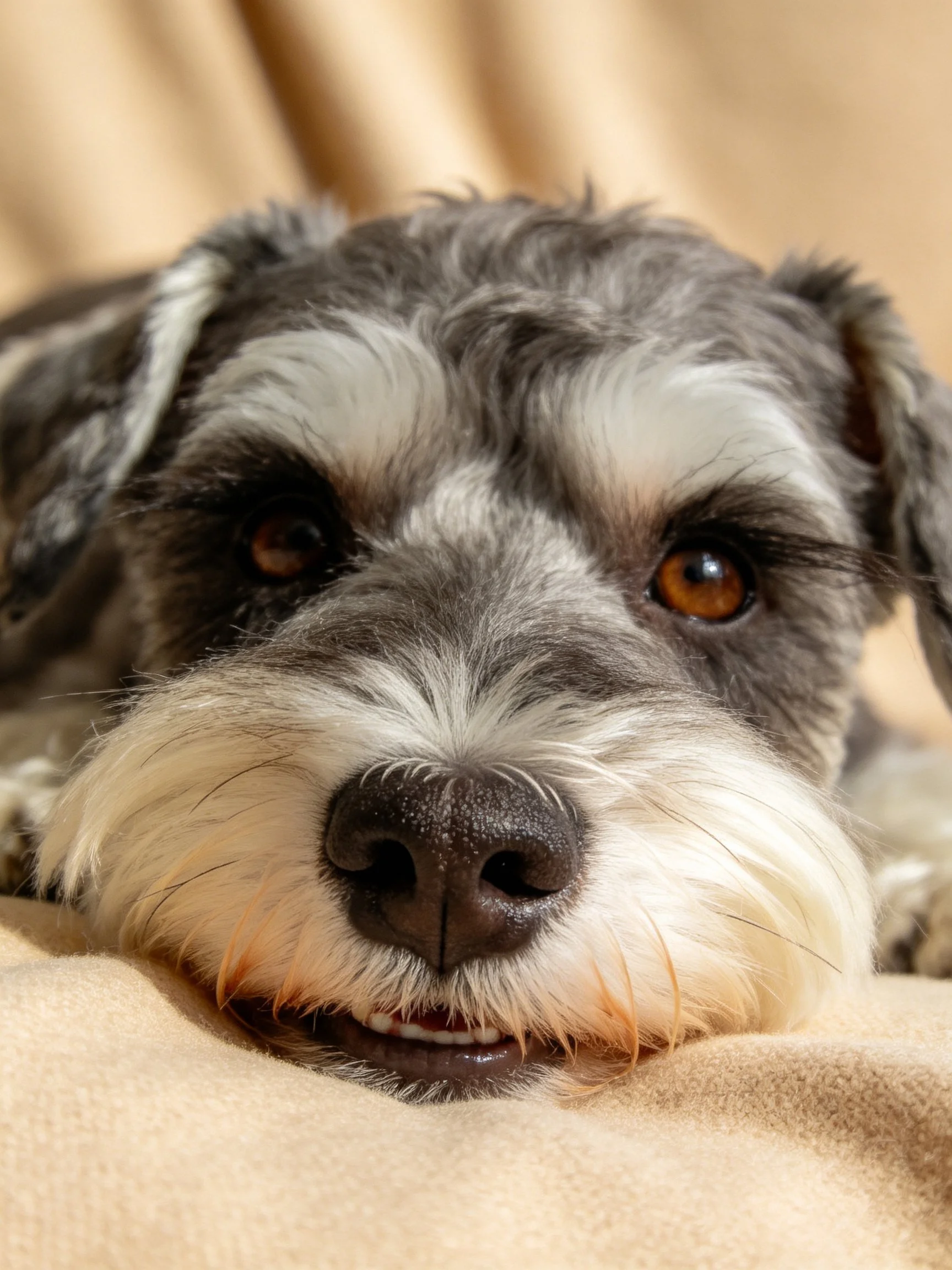 A gray and white Schnauzer relaxes on a soft beige fabric