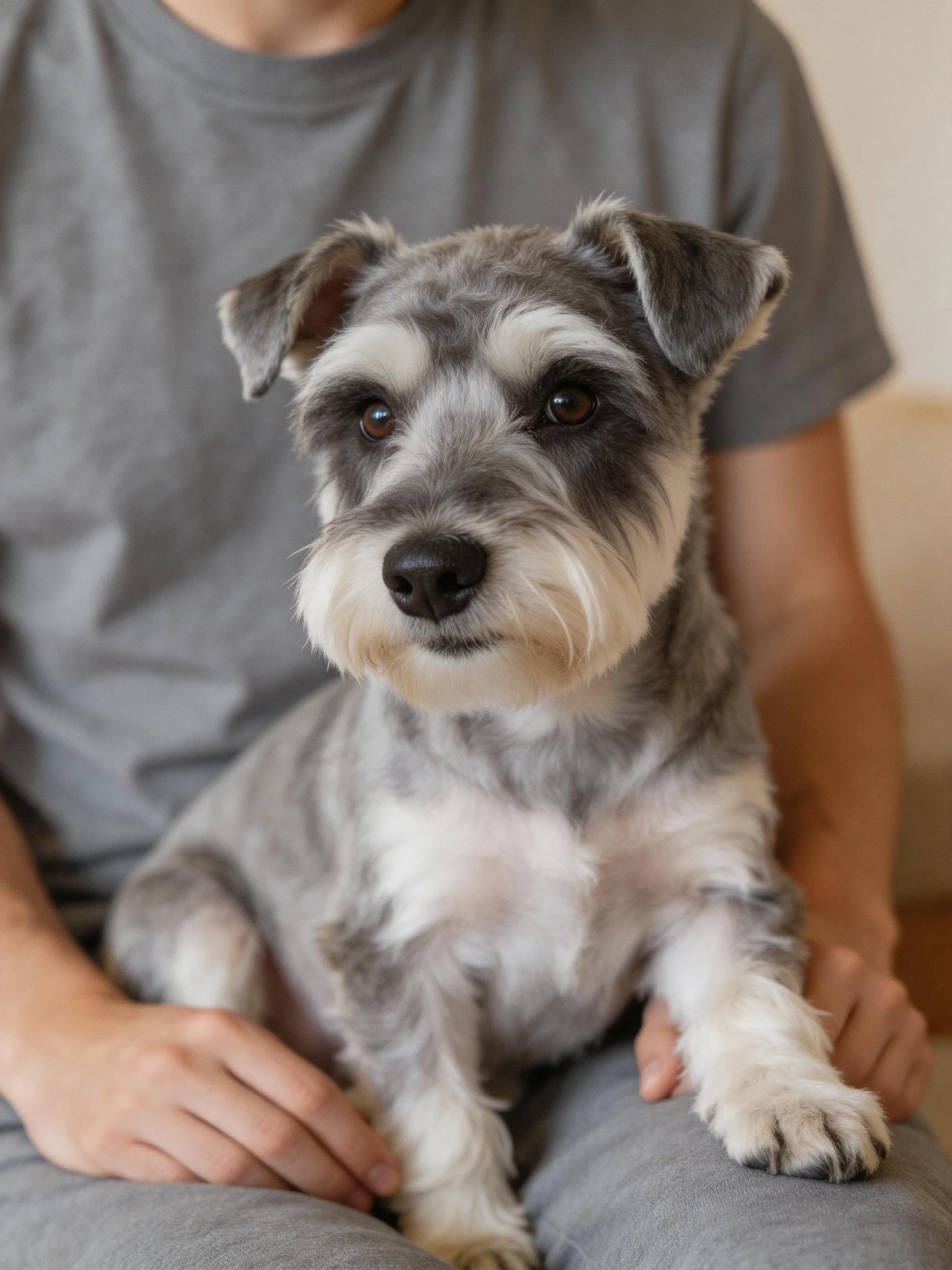 A gray and white Schnauzer sits calmly on a person’s lap in a cozy indoor space
