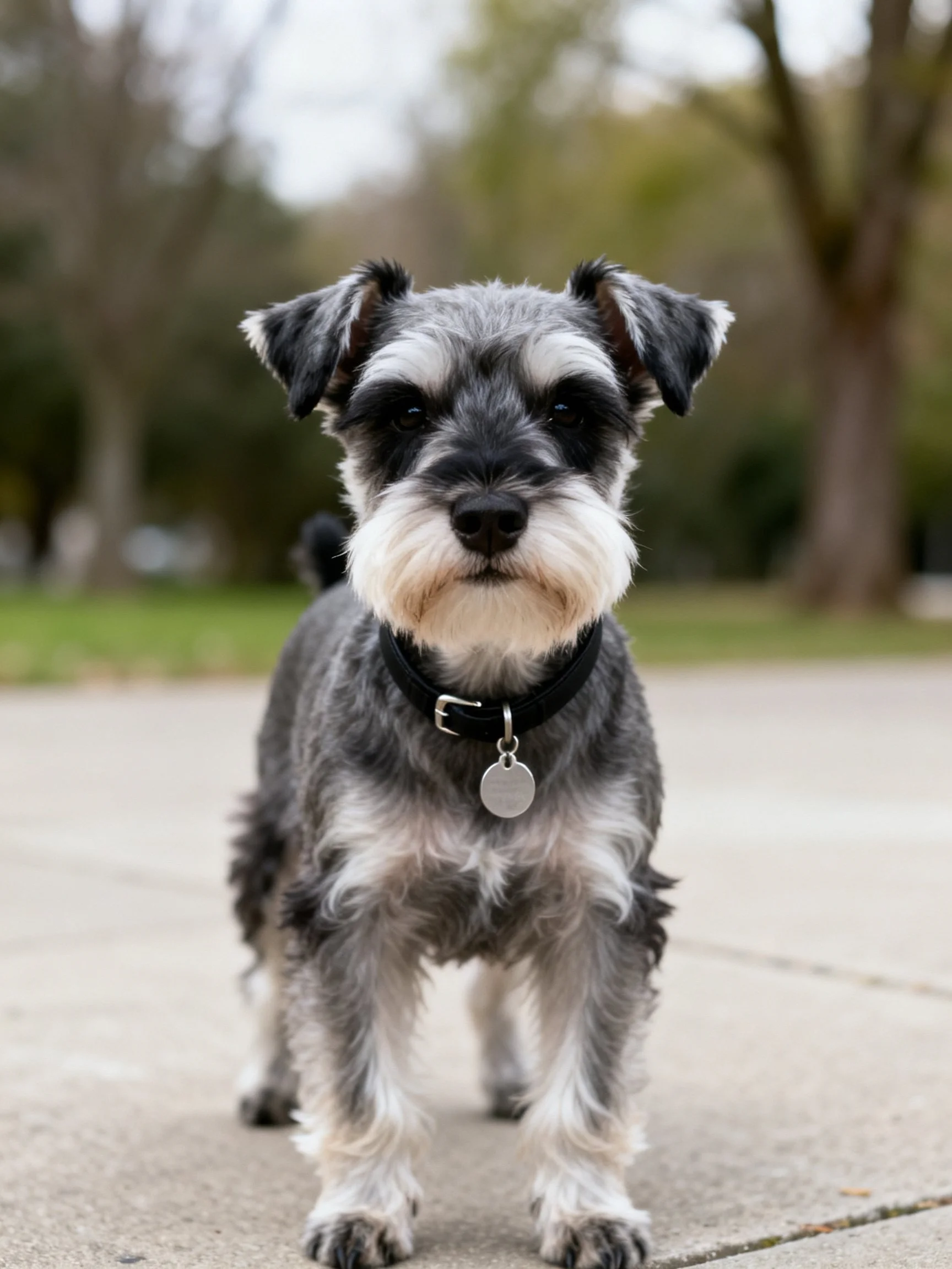 A gray and white Schnauzer stands alert on a concrete path with trees in the background.