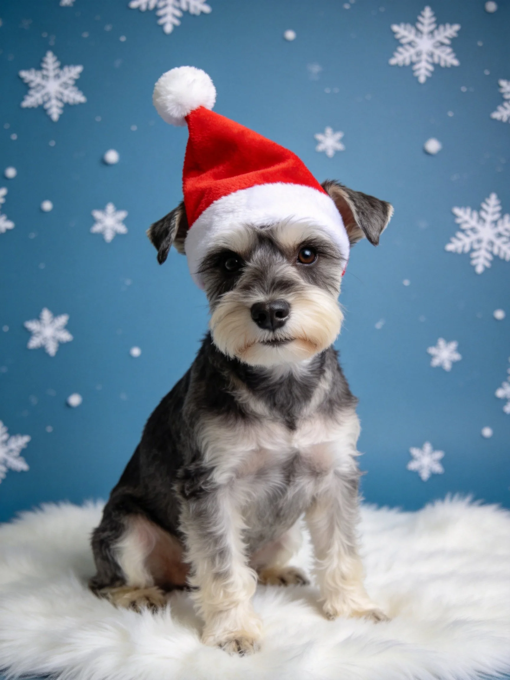 A gray and white Schnauzer sits wearing a red Santa hat against a snowflake-themed backdrop.