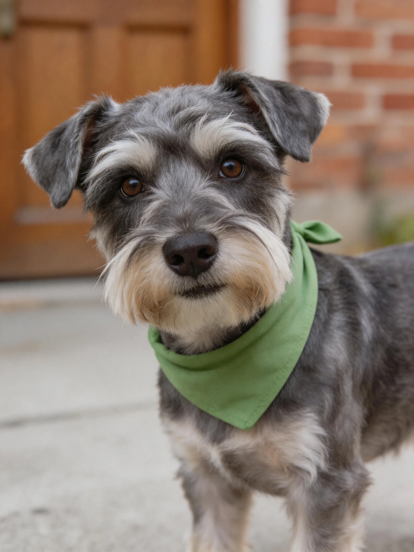 A gray and white Schnauzer with a green bandana stands near a brick wall and wooden structure.