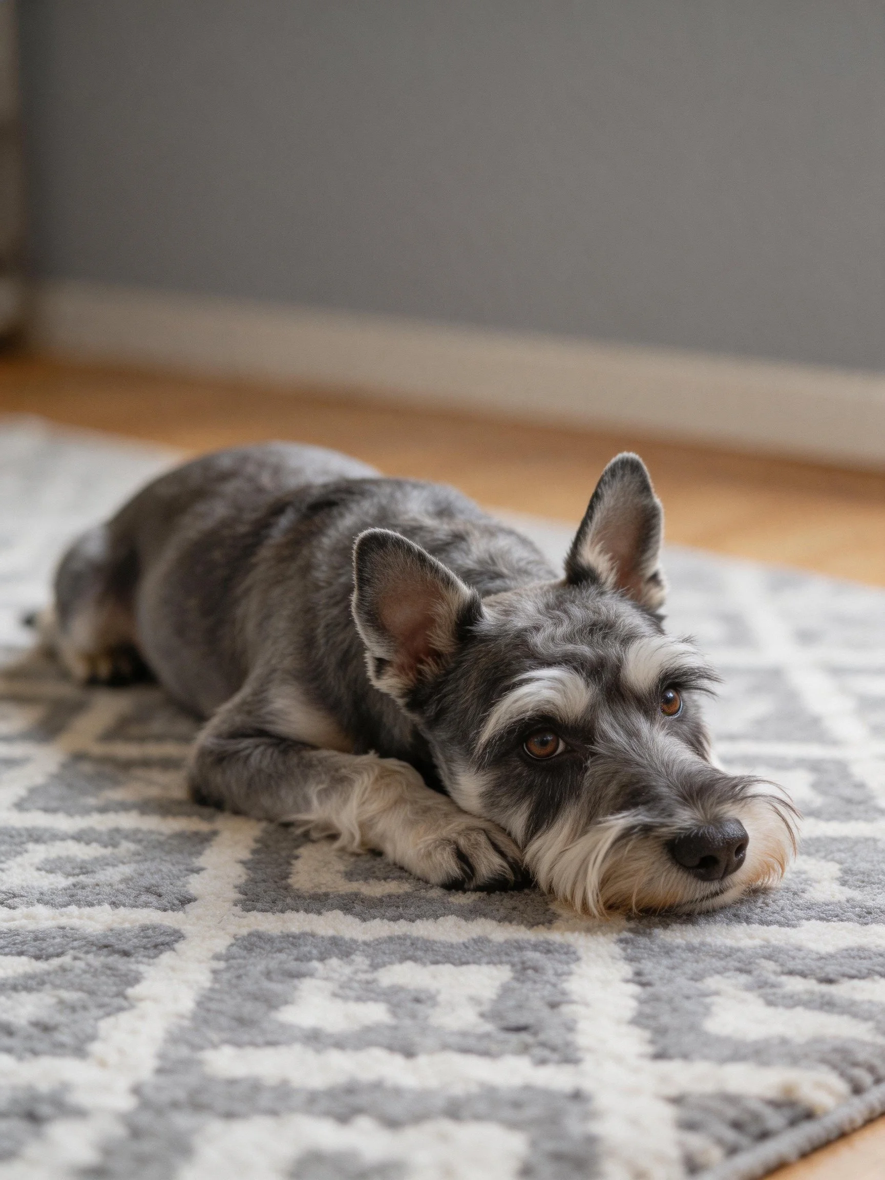A gray and white Schnauzer relaxes on a patterned rug indoors