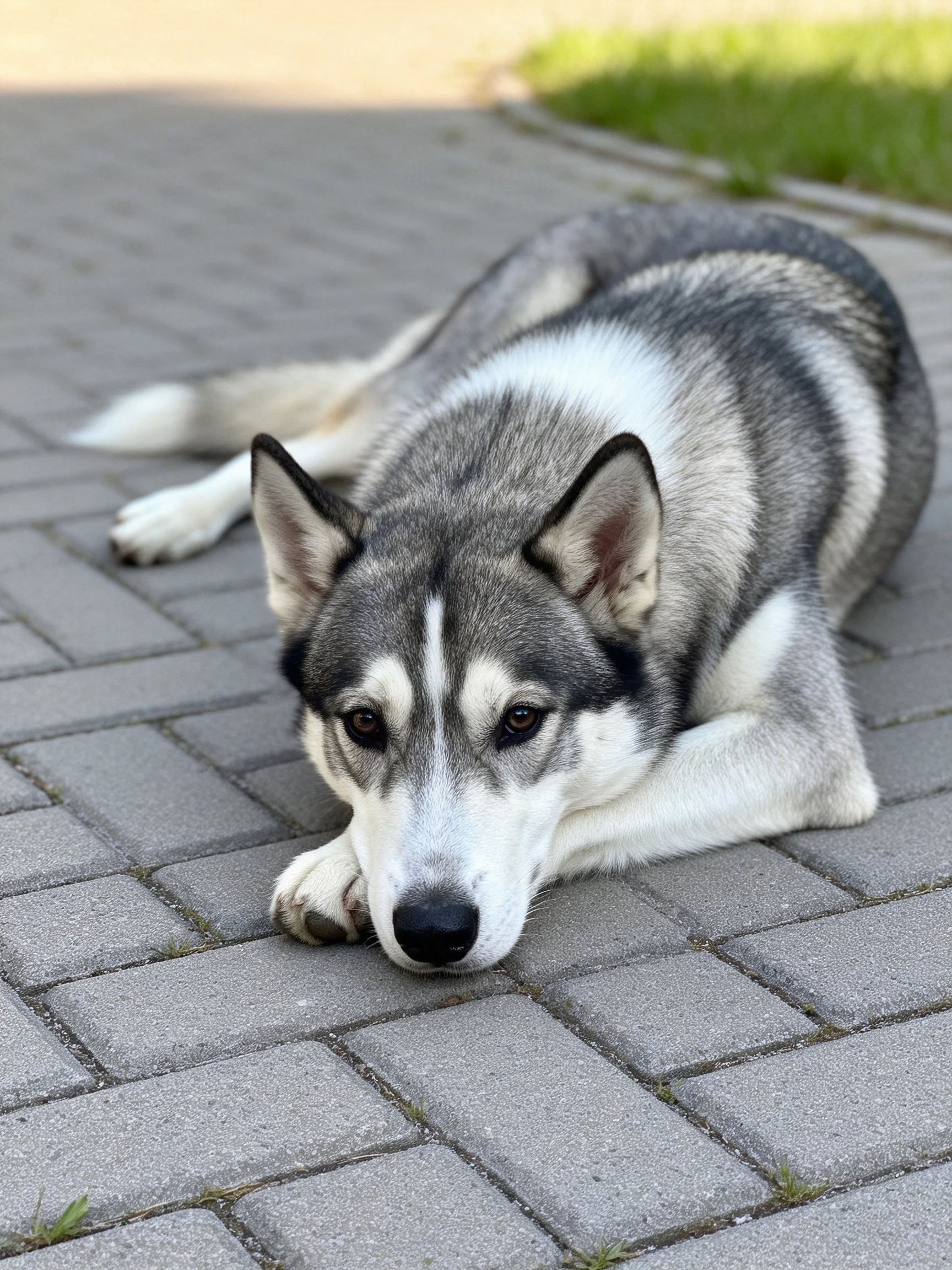 A gray and white Siberian Husky lies calmly on a paved brick surface.