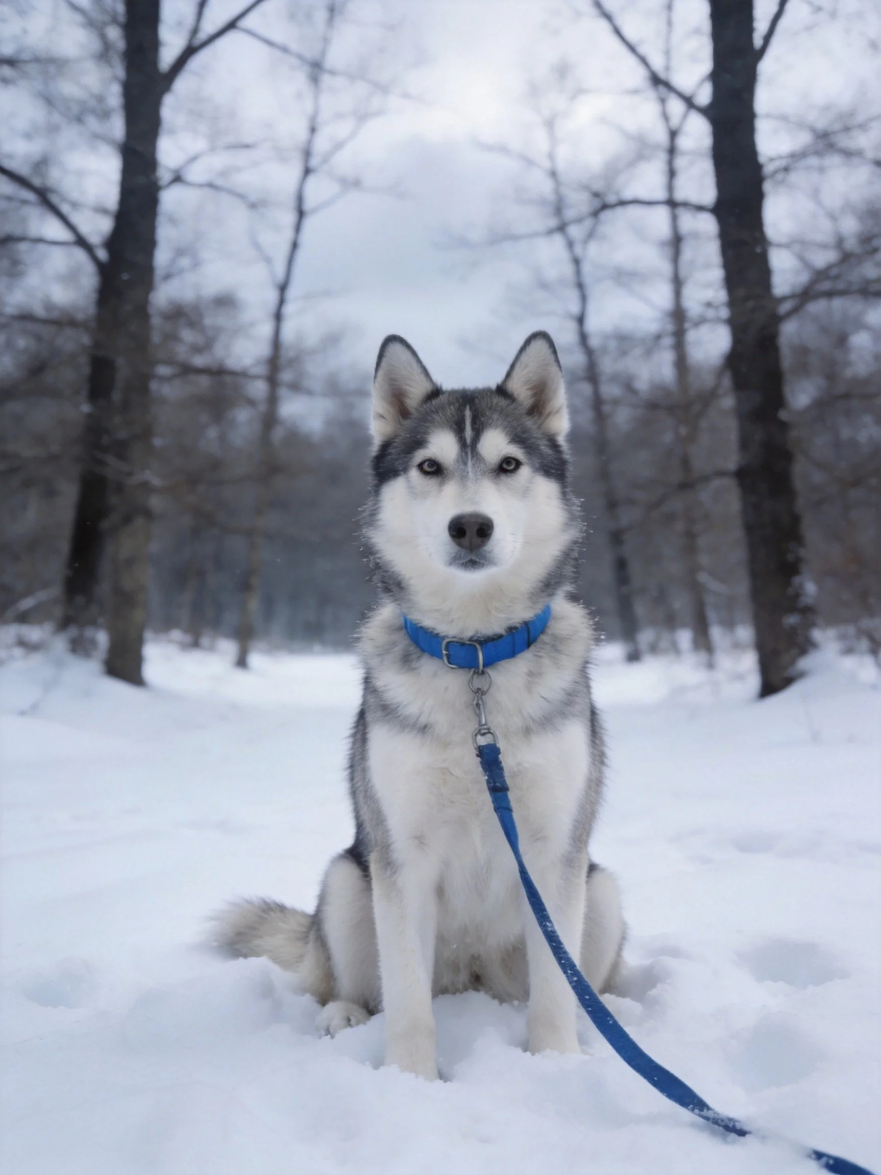 A Siberian Husky sits calmly in a snowy wooded area.