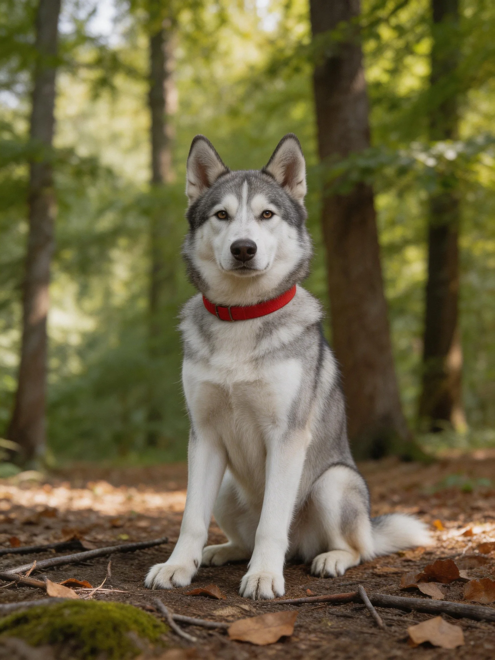 A Siberian Husky with a red collar sits calmly in a sun-dappled forest.