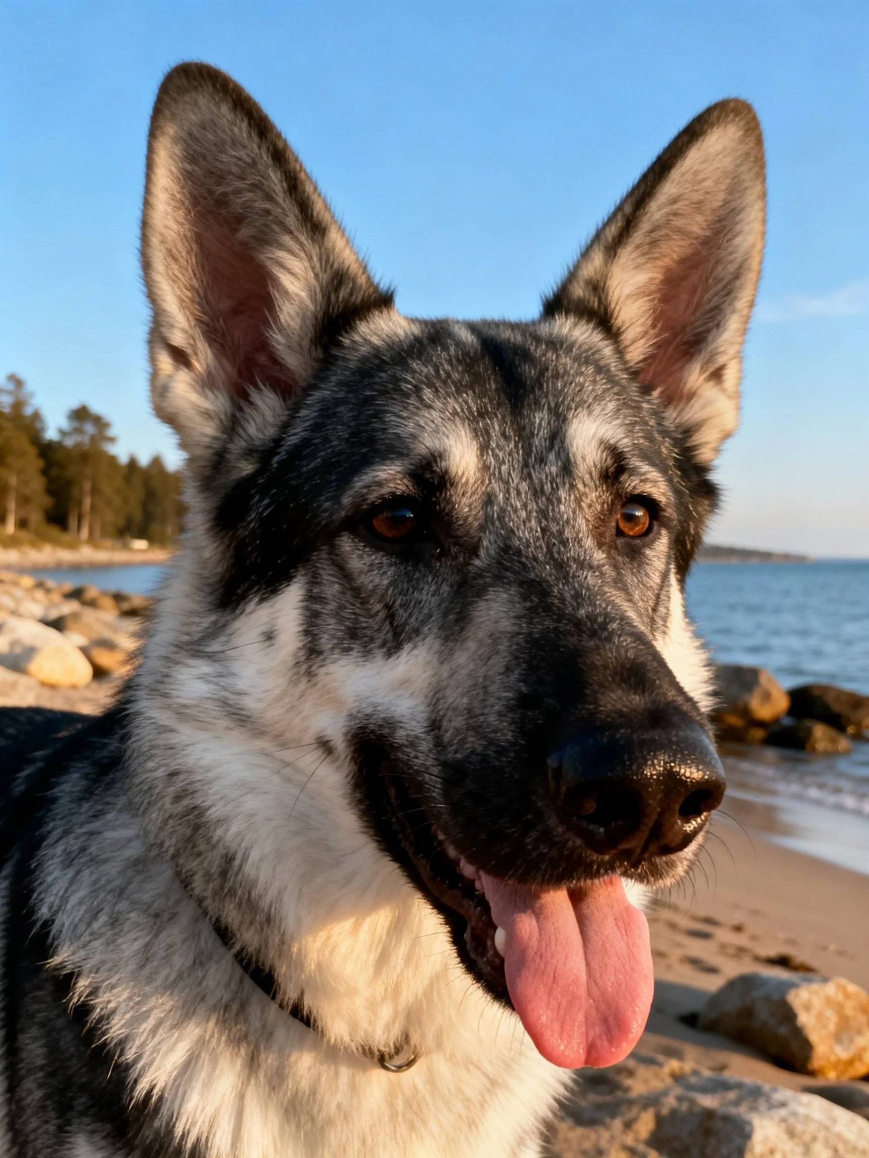 A gray and white dog on a sunny beach near water and rocks