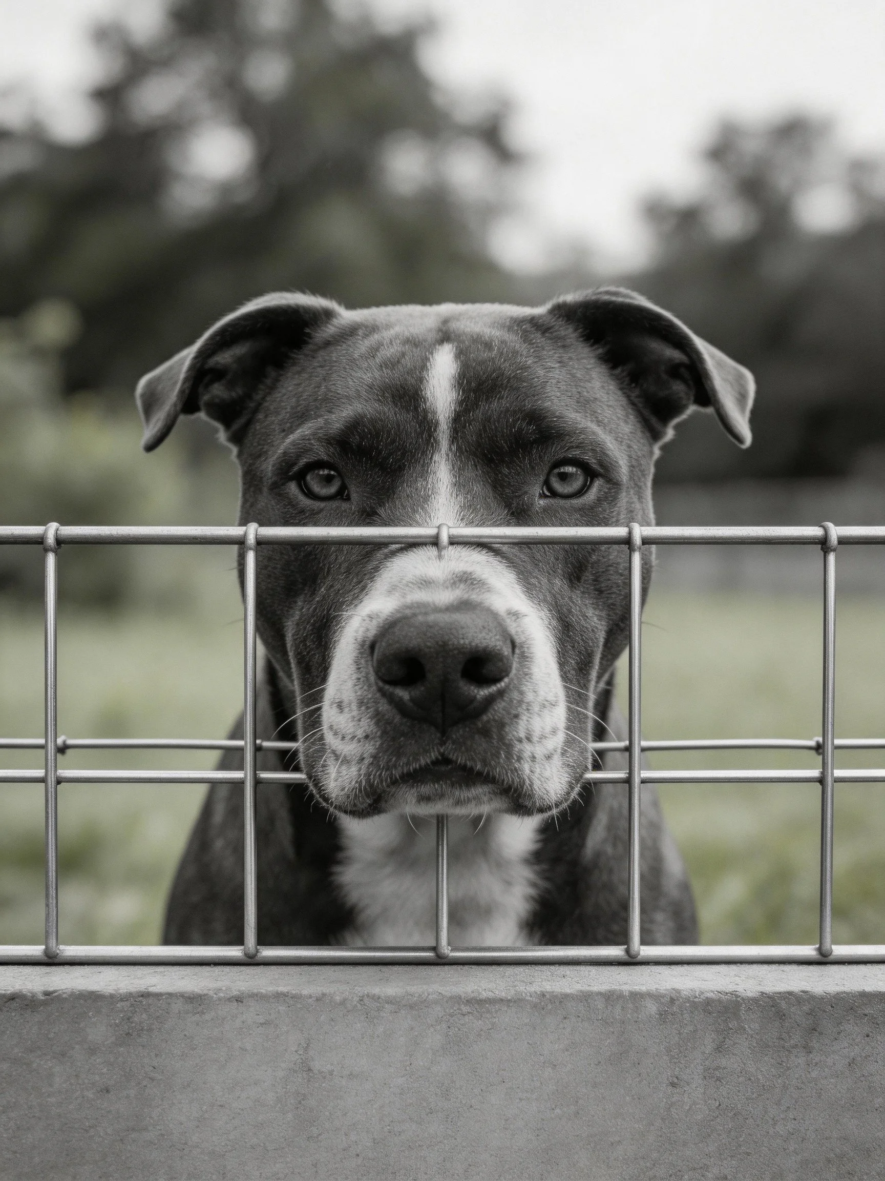 A gray and white dog peering through a metal fence
