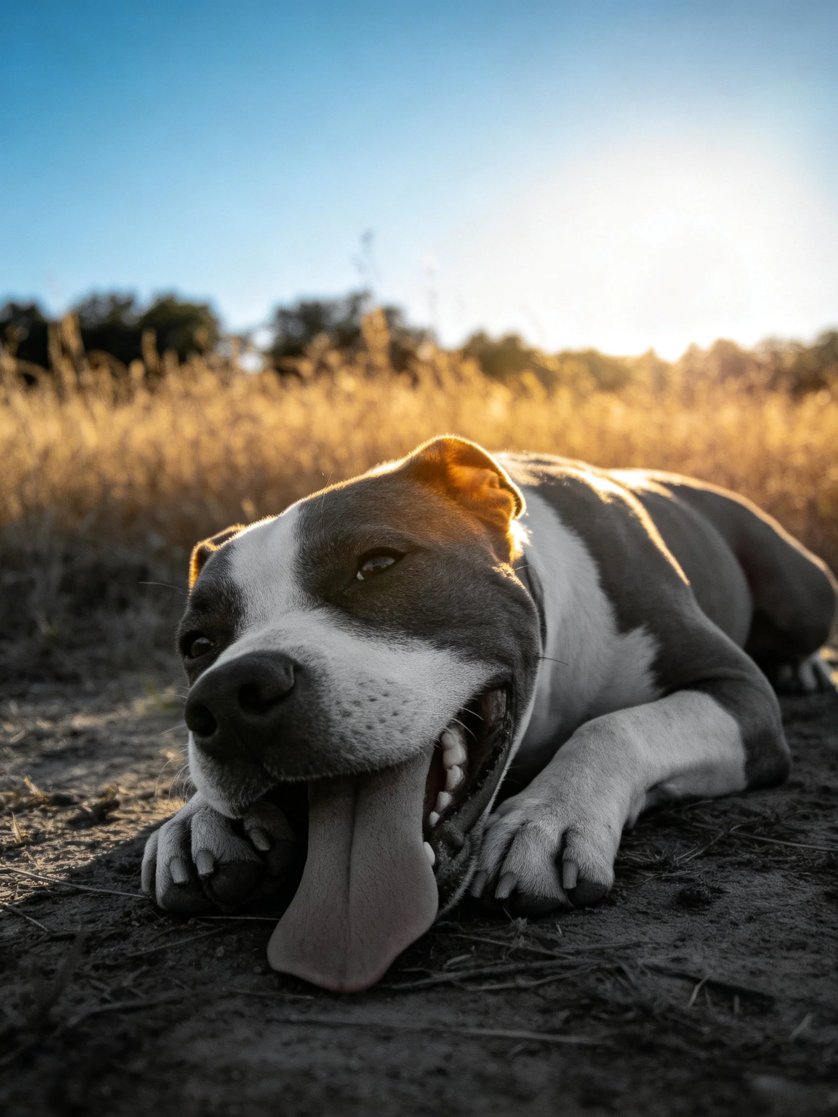 A gray and white dog relaxes with tongue out in a sunlit field
