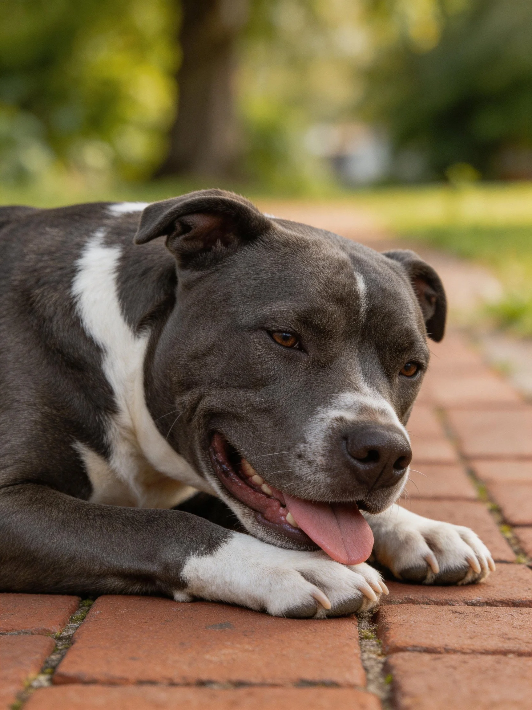 A gray and white dog relaxes on a brick path in an outdoor setting.